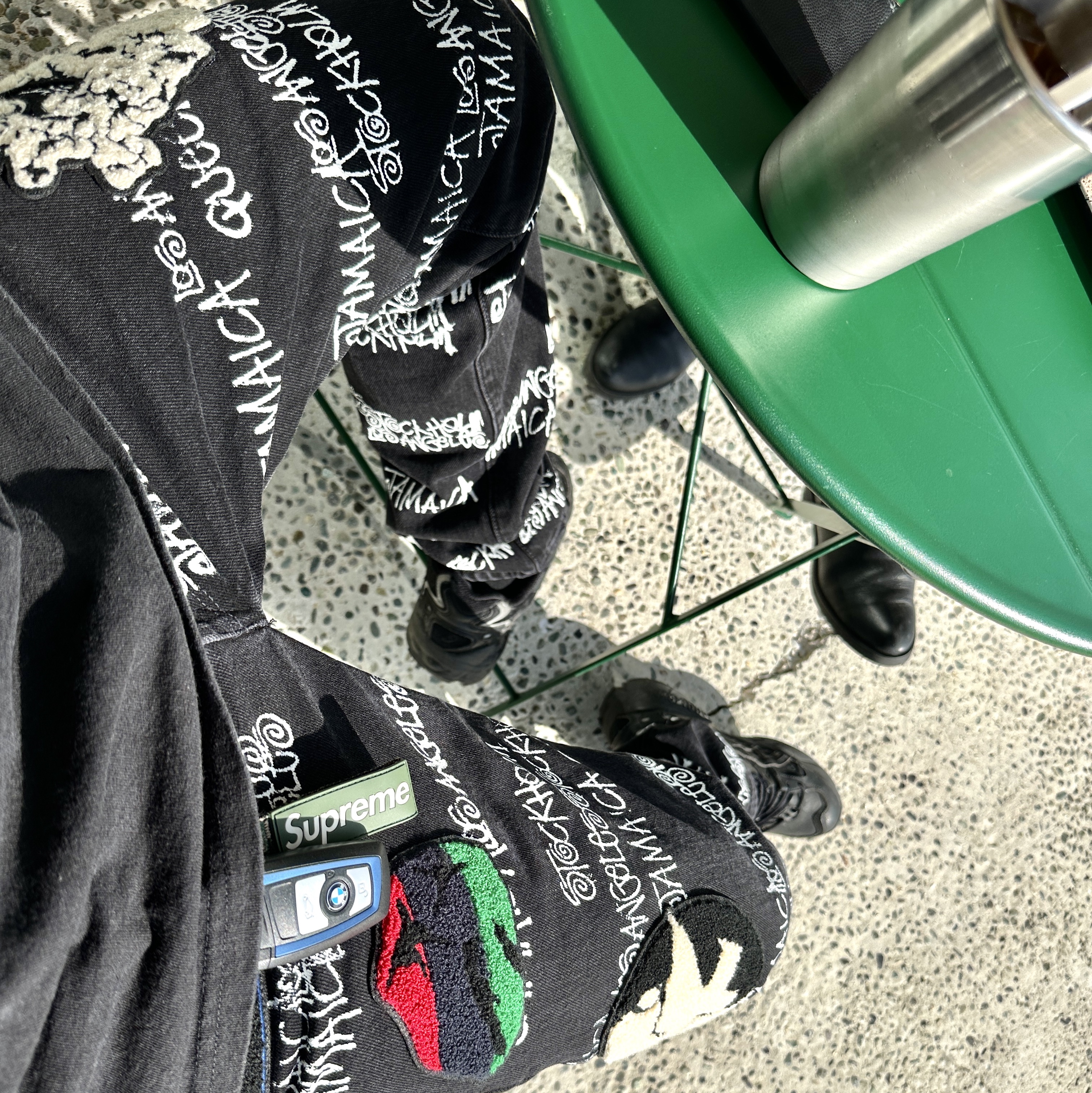 Stussy x Our Legacy x Denim Tears TTL 501 Jean Black, Supreme Webbing Keychain Green Camo - 23SS 착용 스타일