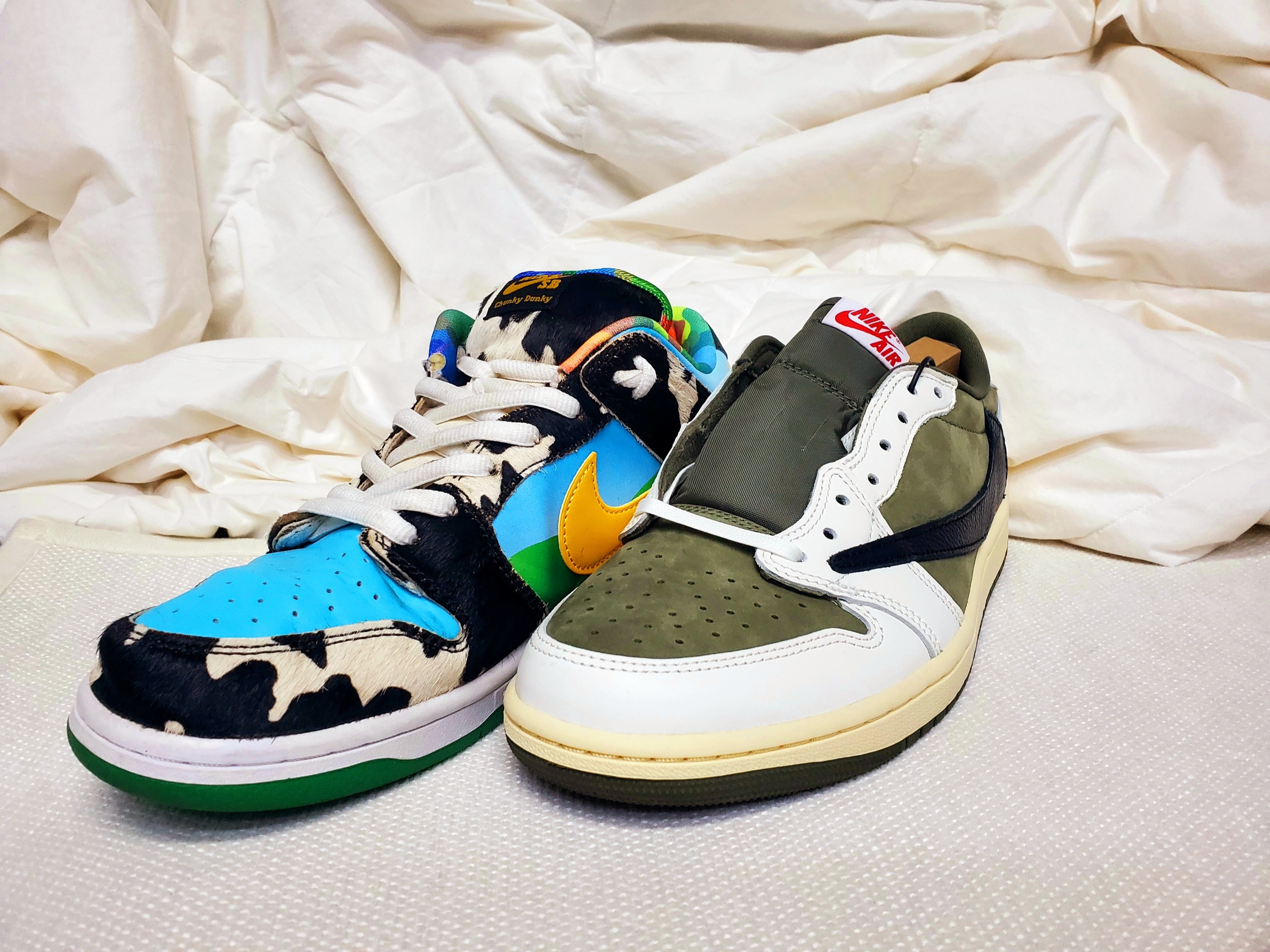 Nike x Ben & Jerry's SB Dunk Low Chunky Dunky, Jordan 1 x Travis Scott Retro Low OG SP Reverse Olive 착용 스타일
