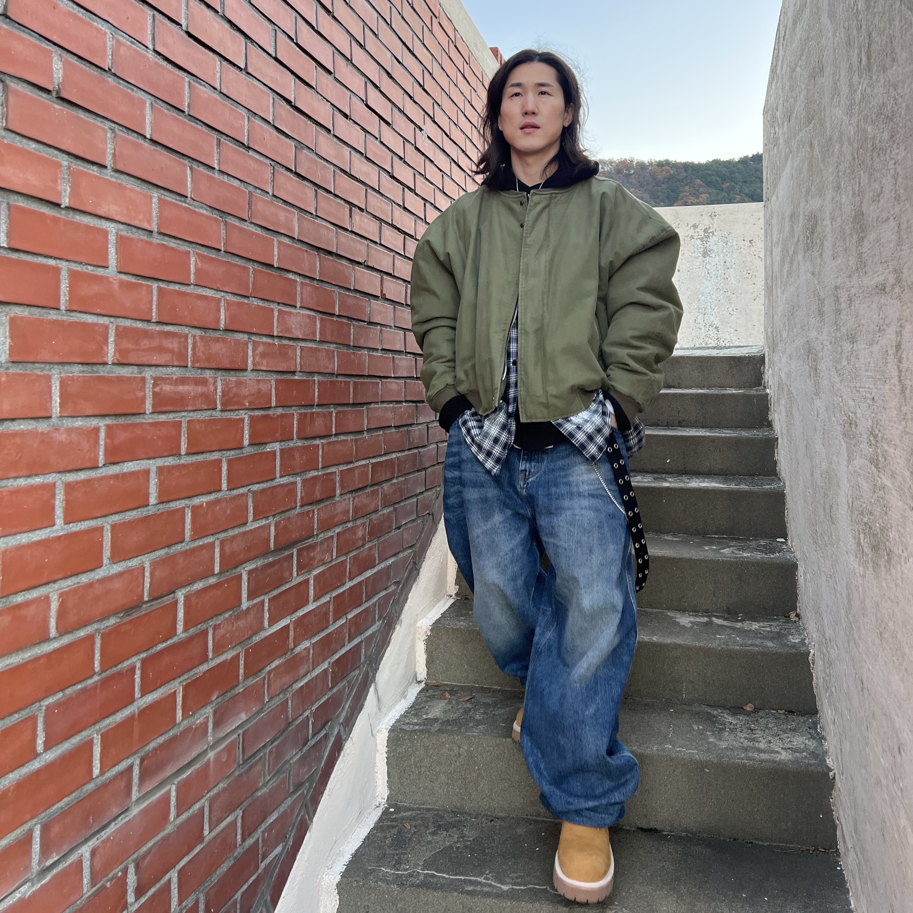 Nonnod Double Pocket Japanese Denim Mid Blue, Nonnod Sulfur Dye Serge Bomber Jacket Vintage Khaki 착용 스타일 - 1