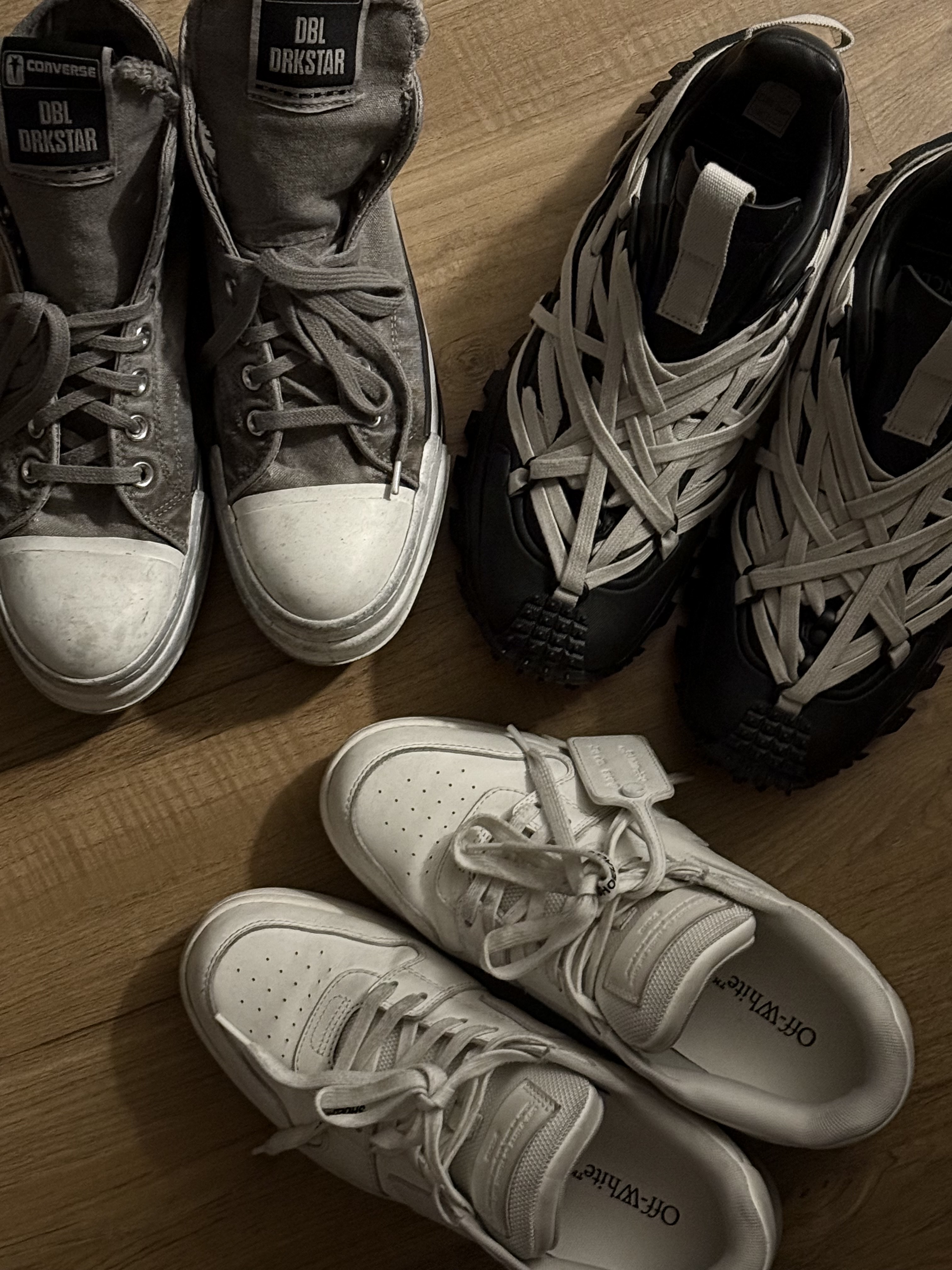 Converse x Drkshdw DBL Drkstar Overdye Chuck 70 Hi Concrete, Moncler x Rick Owens Trailgrip Megalace Leather Sneakers Black - 24FW 착용 스타일