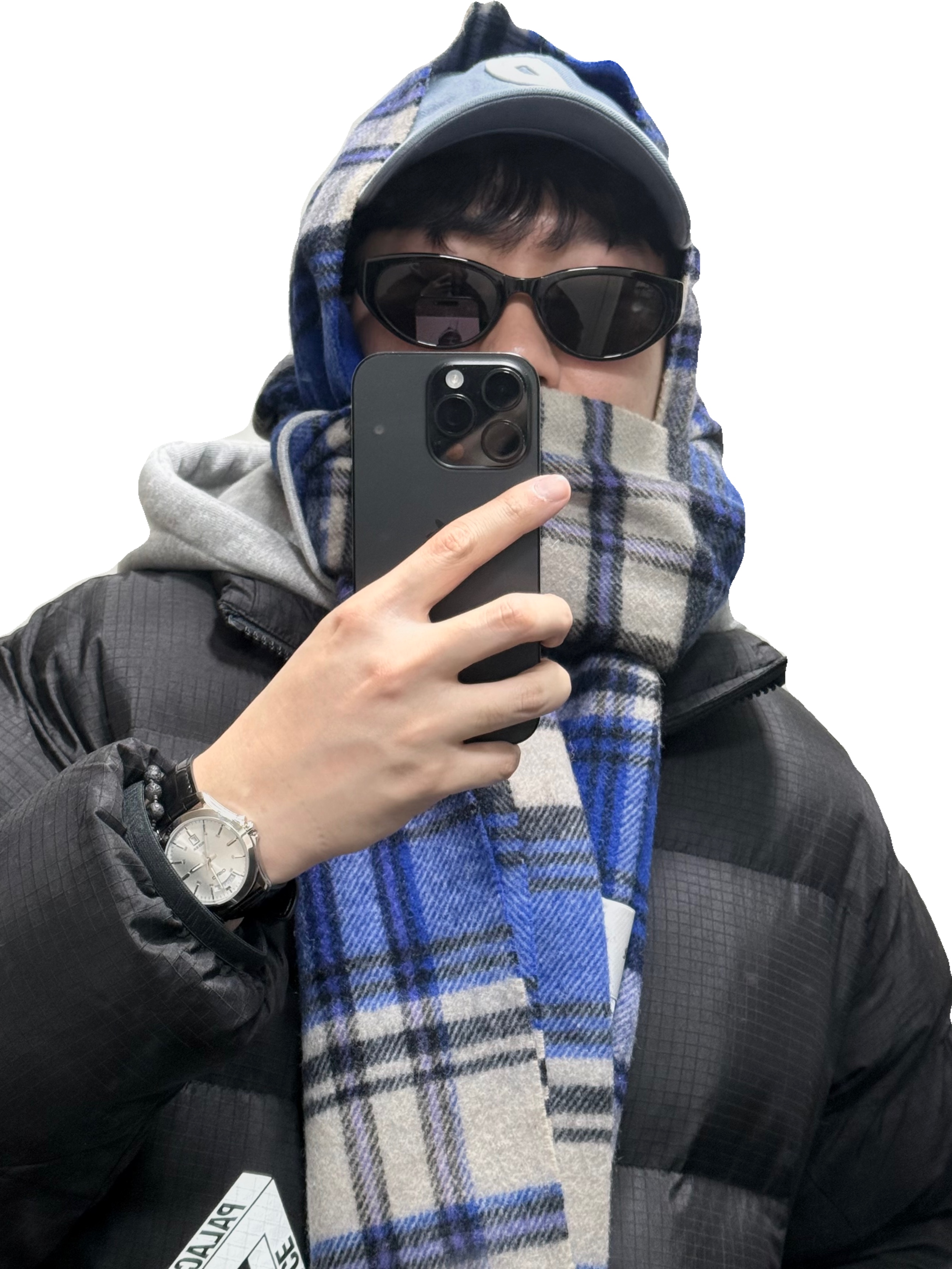 Palace Ripstop Puffa Black - 24FW, Ader Error Revint Plaid Muffler Z-Blue 착용 스타일