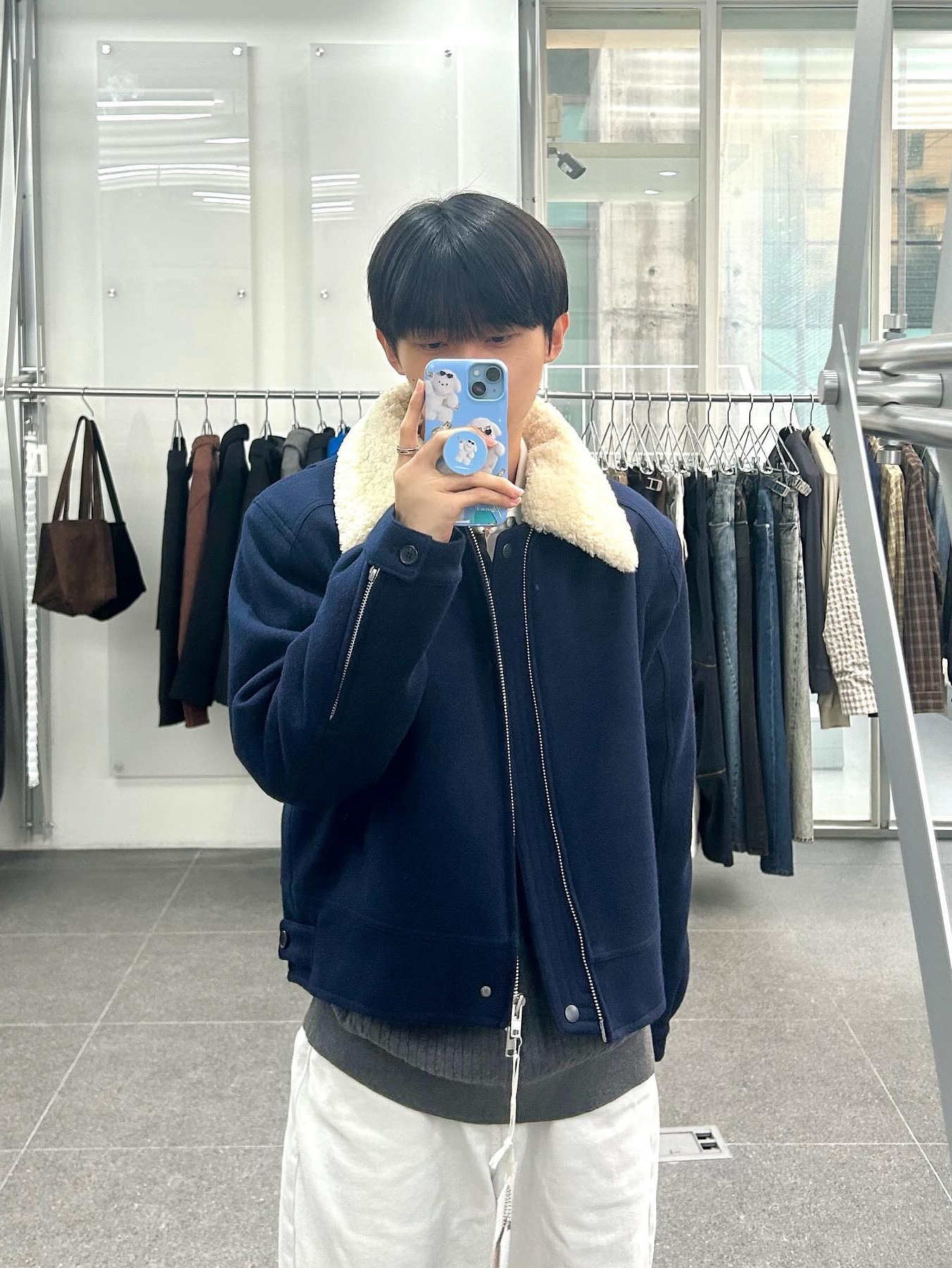 Haleine Detachable Collar Wool Crop Jacket Black (VJ412), Haleine Detachable Collar Wool Crop Jacket Navy (VJ413) 착용 스타일