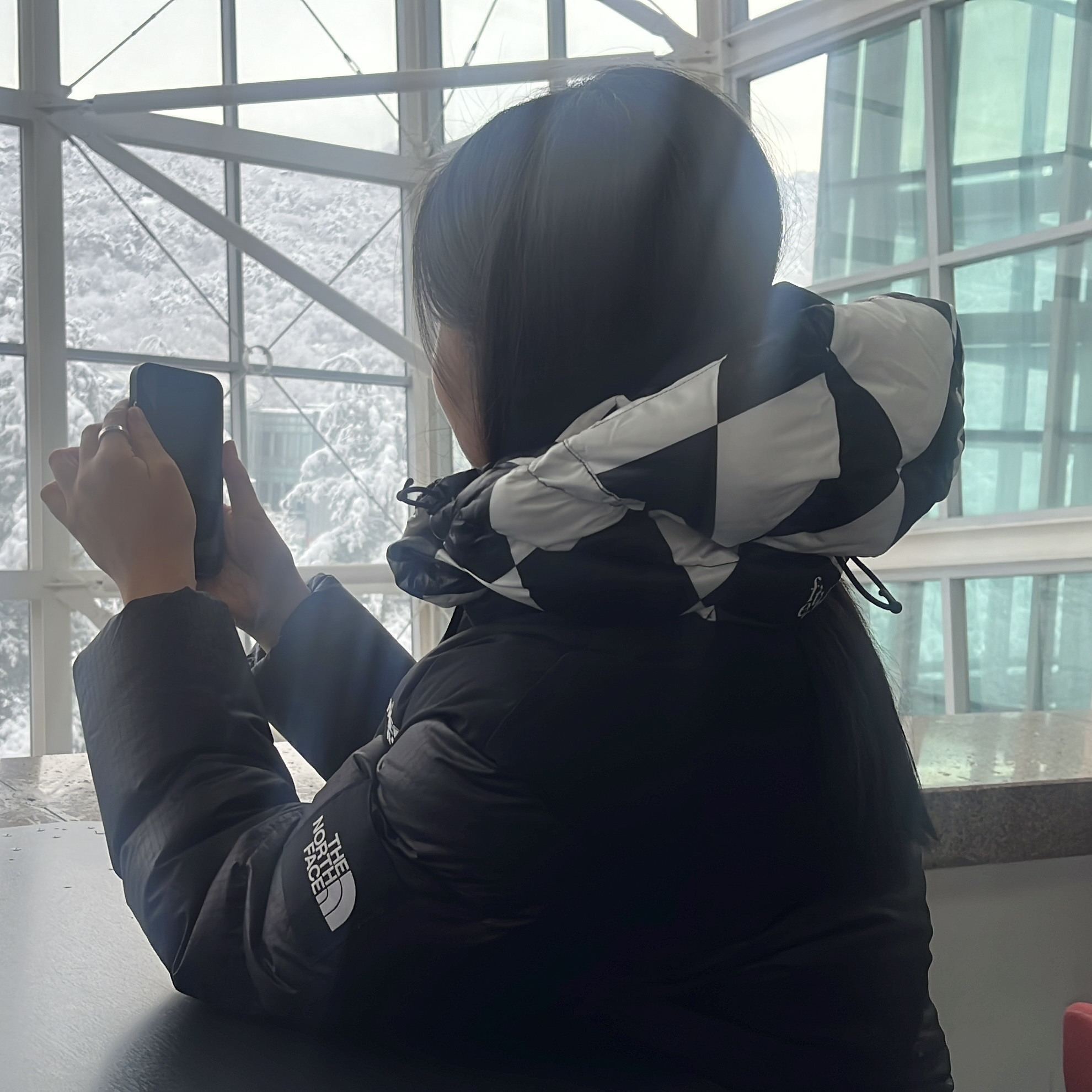 (W) The North Face White Label Novelty Nuptse Down Jacket Black 착용 스타일