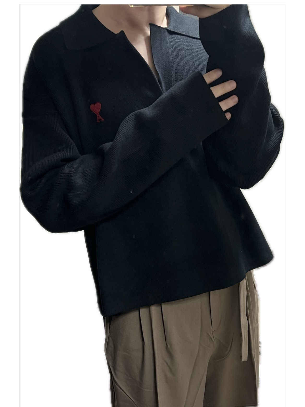 (W) AMI de Coeur Long Sleeved Knitted Polo Shirt Black 착용 스타일