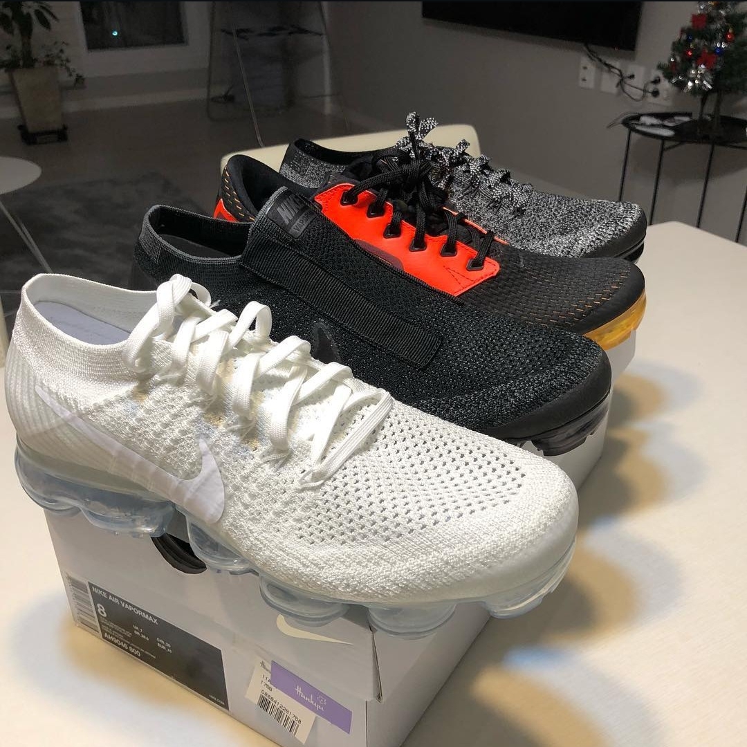 Nike Air VaporMax Flyknit Triple White, Nike Air VaporMax SE Laceless Triple Black 착용 스타일