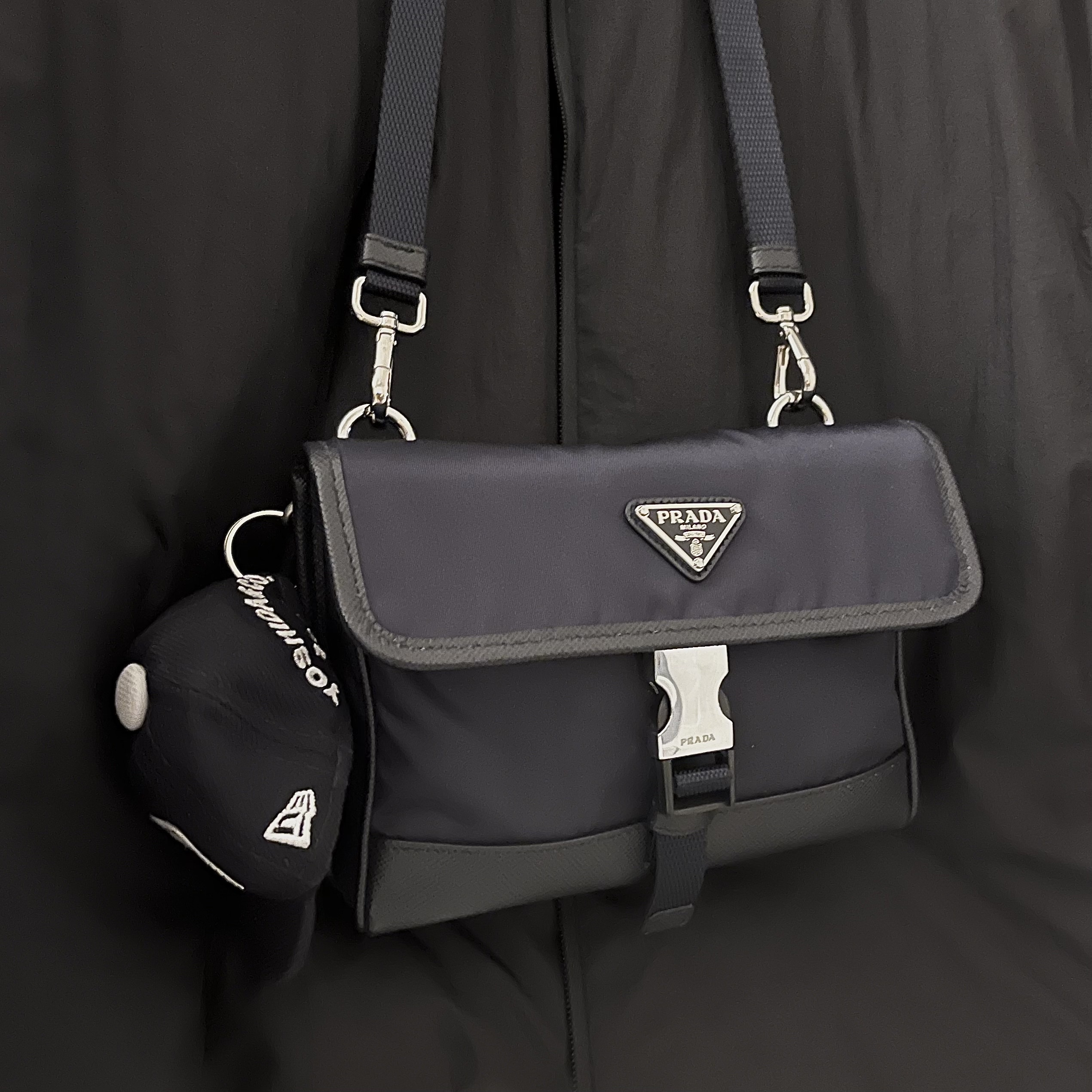 Prada Re-Nylon and Saffiano Leather Smartphone Case Black, Porter x New Era Key Holder Navy 착용 스타일