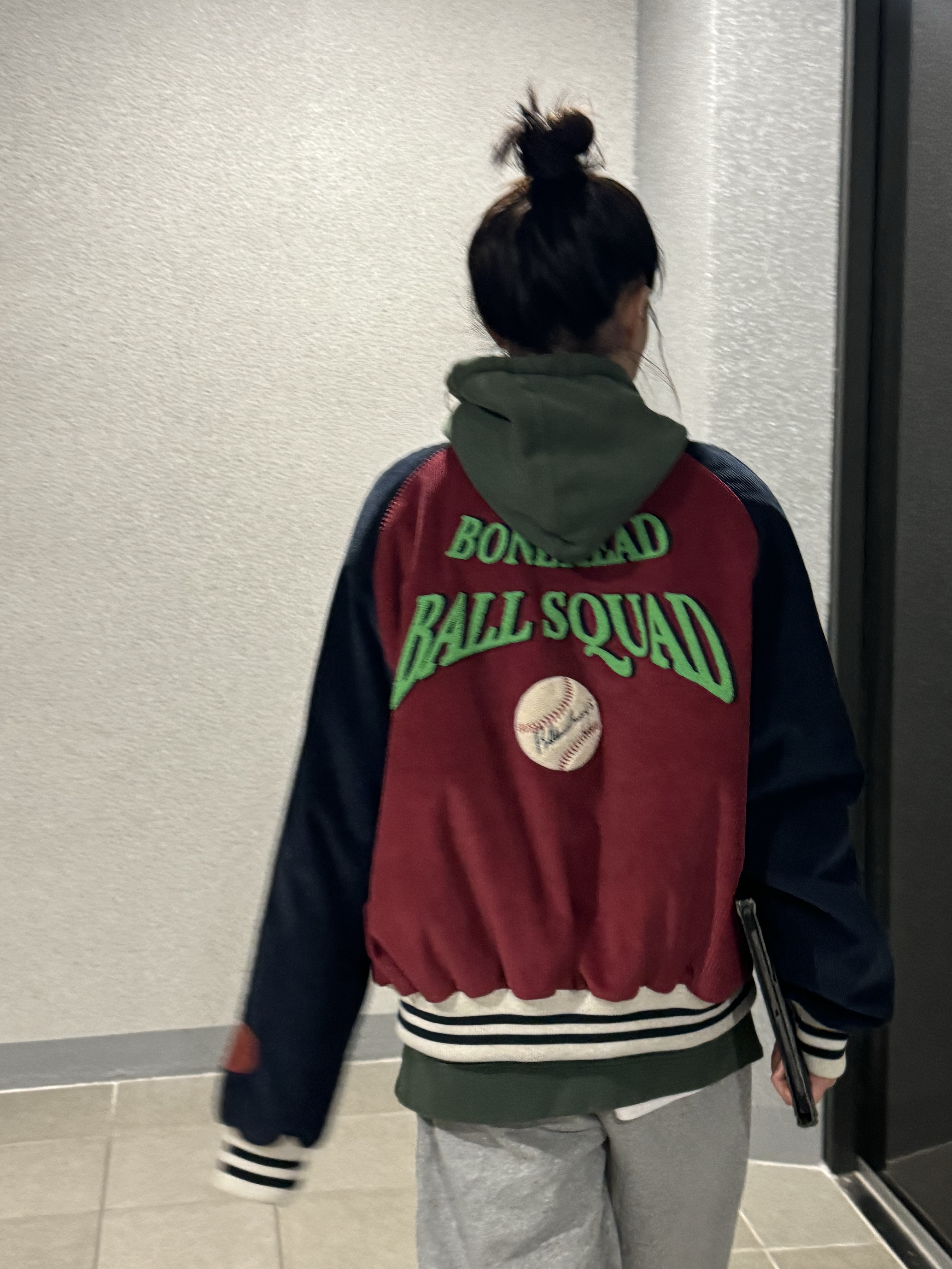 Problemallways Bonehead Ball Squad Varsity Jacket Red 착용 스타일