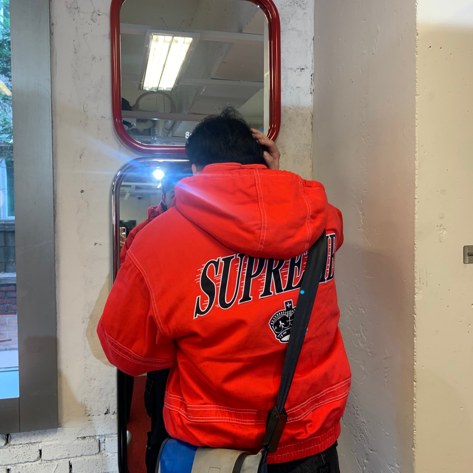 Supreme Mitchell & Ness Twill Stadium Jacket Red - 24FW 착용 스타일