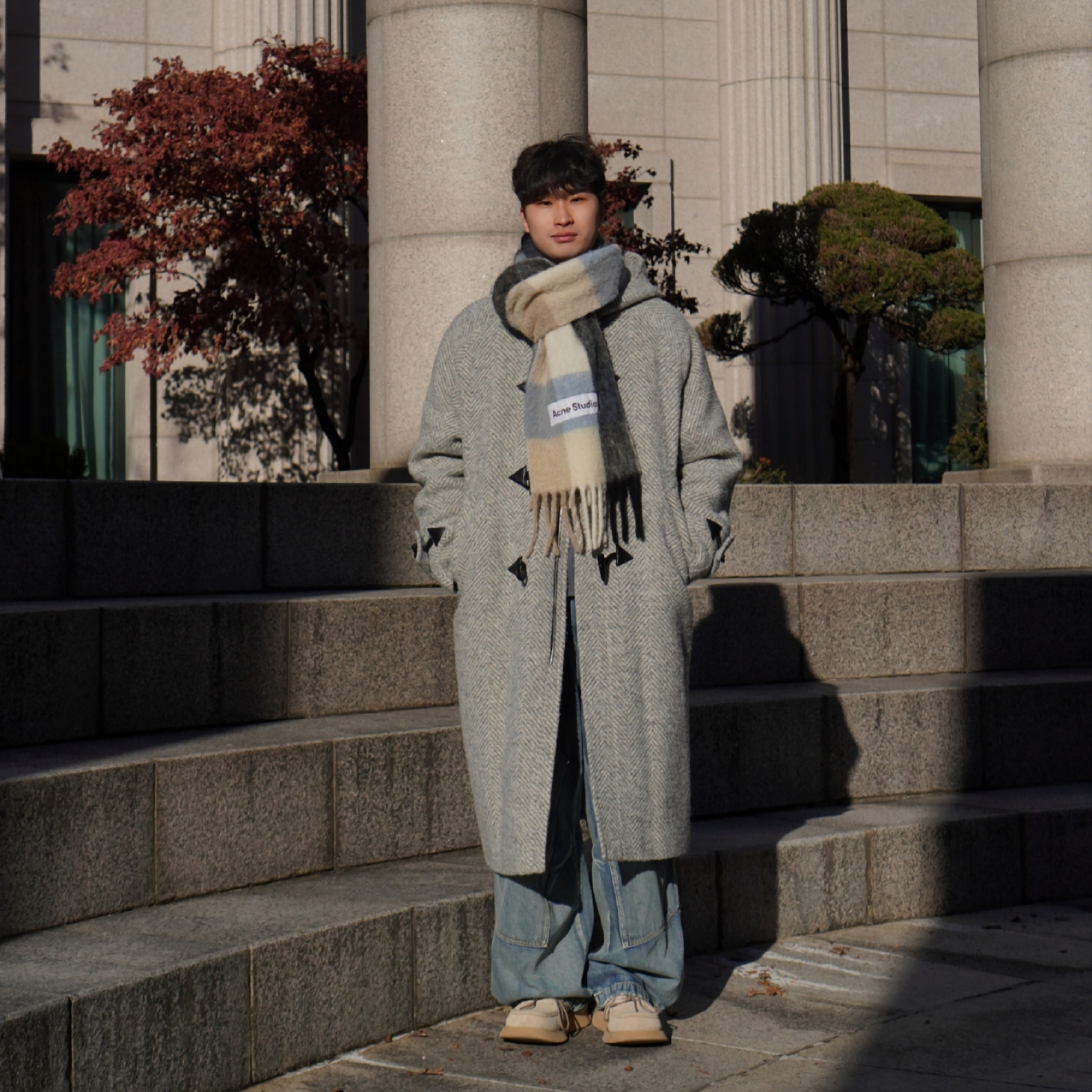 Acne Studios Mohair Check Muffler Blue Beige Black 착용 스타일