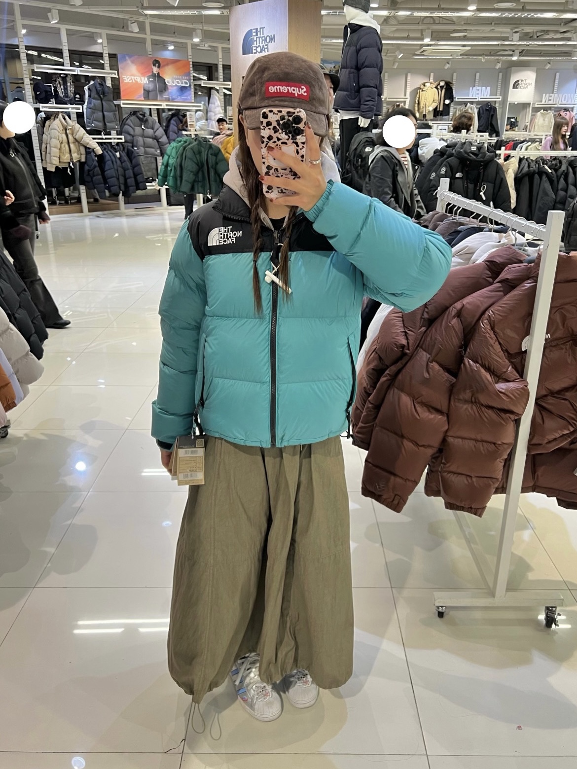 (W) The North Face 1996 Retro Nuptse Jacket Turquoise - 24FW, Supreme Suede Camp Cap Brown - 23SS 착용 스타일