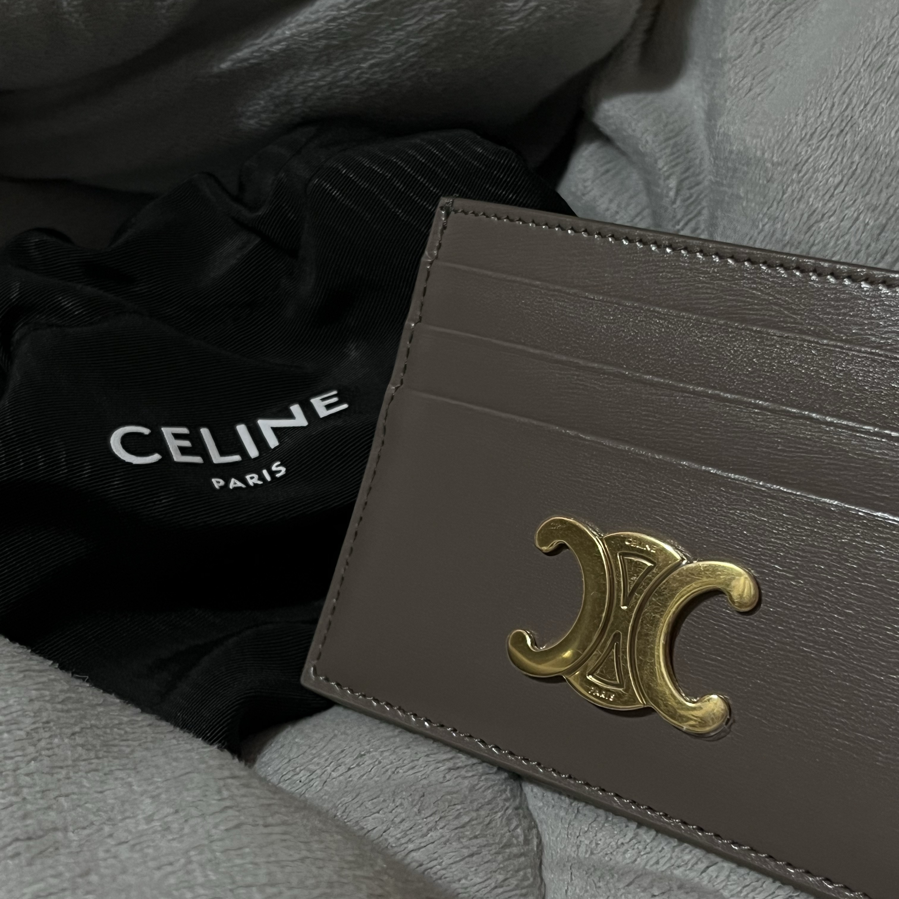 Celine Triomphe Card Holder in Shiny Calfskin Pebble 착용 스타일