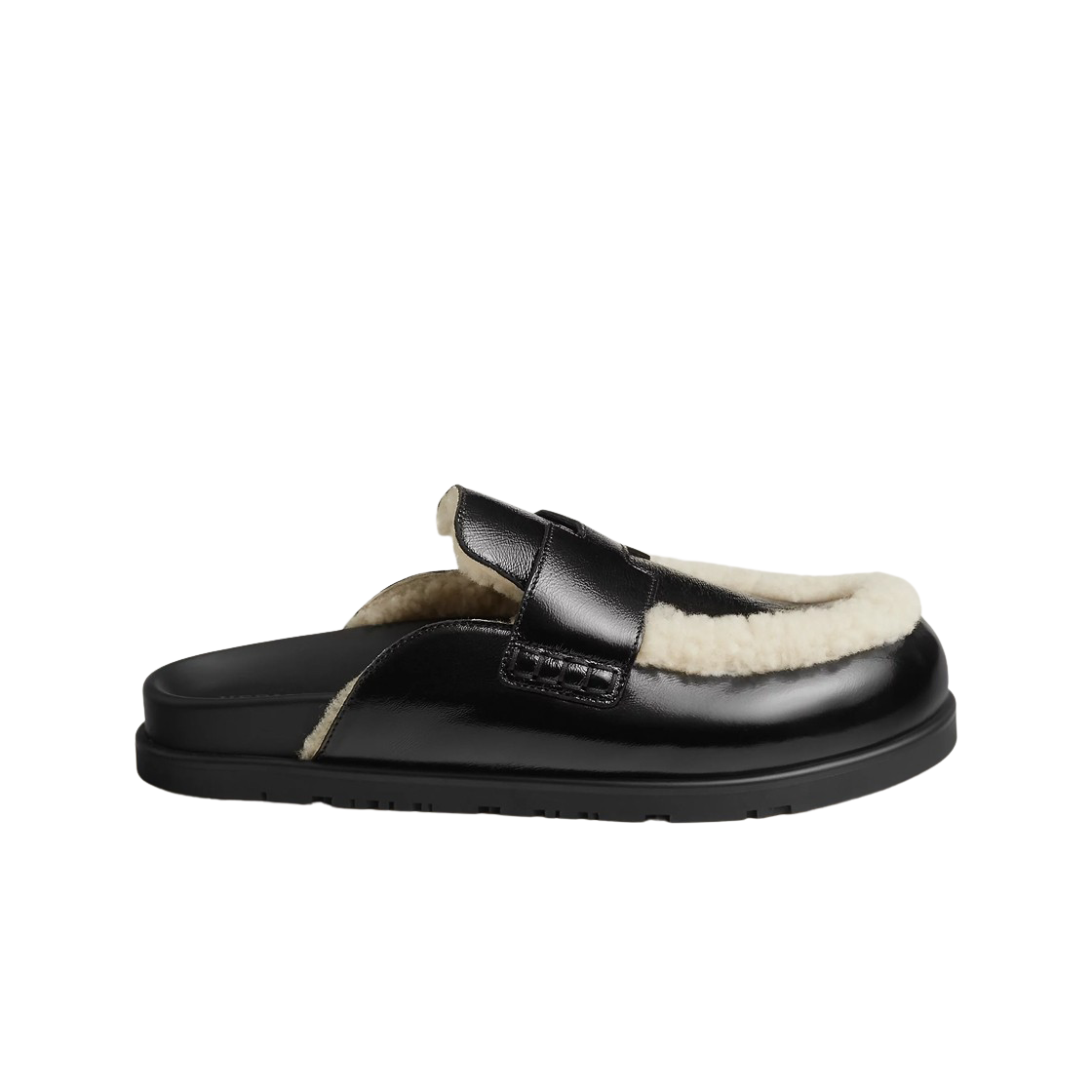H251015Z02 (W) Hermes Go Mule Glazed Nappa Shearling & Noir Ecru