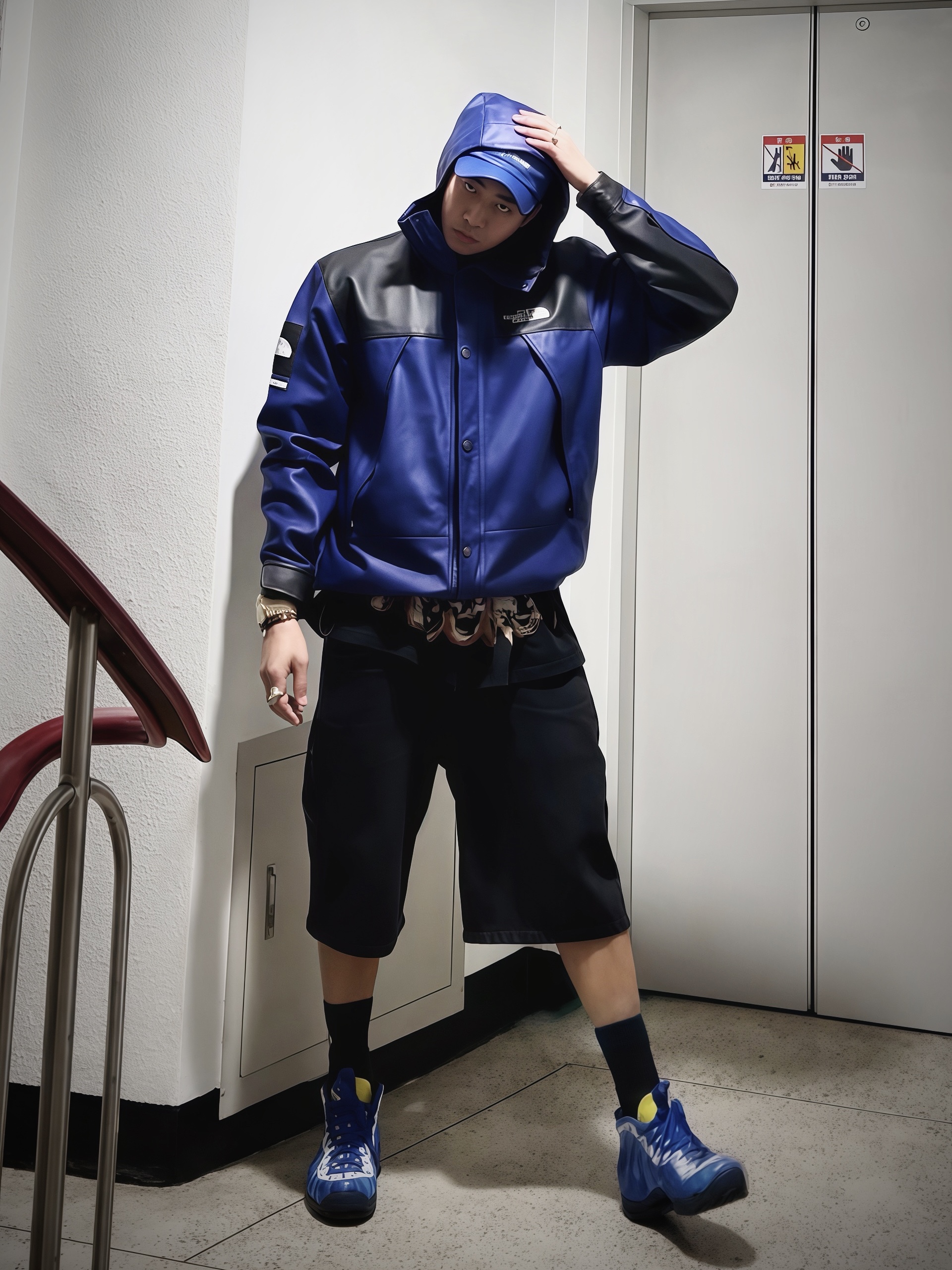 Supreme Leather Camp Cap Royal - 21SS, Supreme x The North Face Leather Mountain Parka Royal - 18FW 착용 스타일 - 1