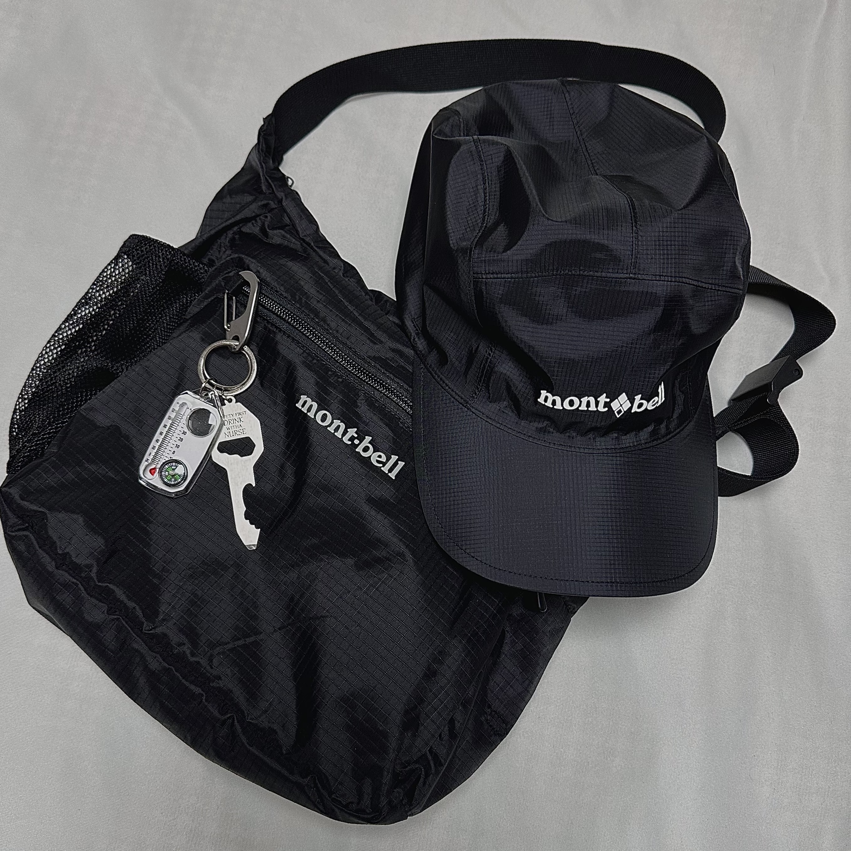 Montbell Pocketable Light Shoulder Bag Small Black, Montbell Gore-Tex O.D. Cap Black 착용 스타일
