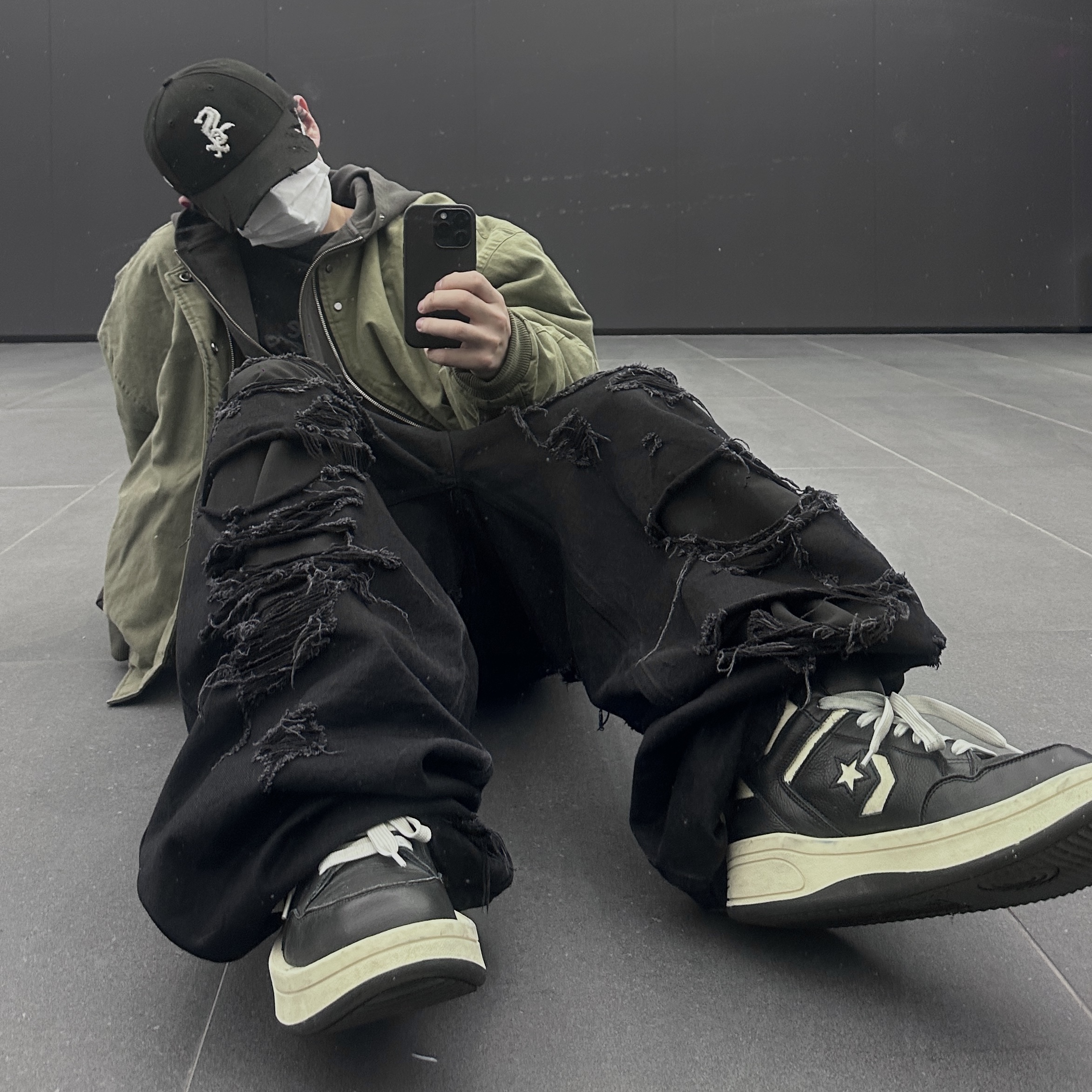 Converse x Drkshdw Turbowpn Black Cream, Nonnod Sulfur Dye Serge Bomber Jacket Vintage Khaki 착용 스타일 - 1