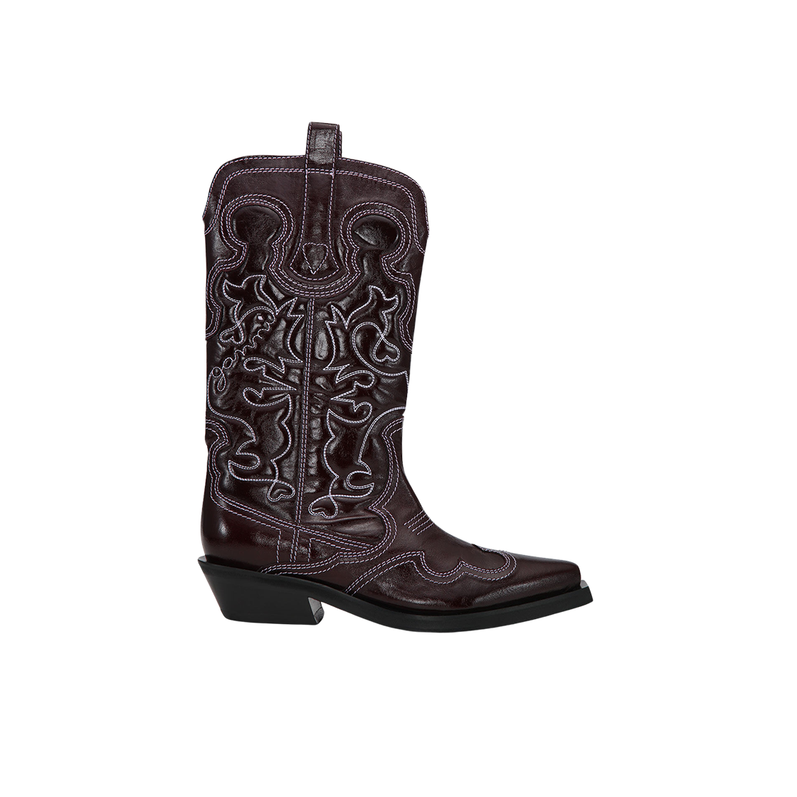 S2541-436 (W) Ganni Mid Shaft Embroidered Western Boots Burgundy