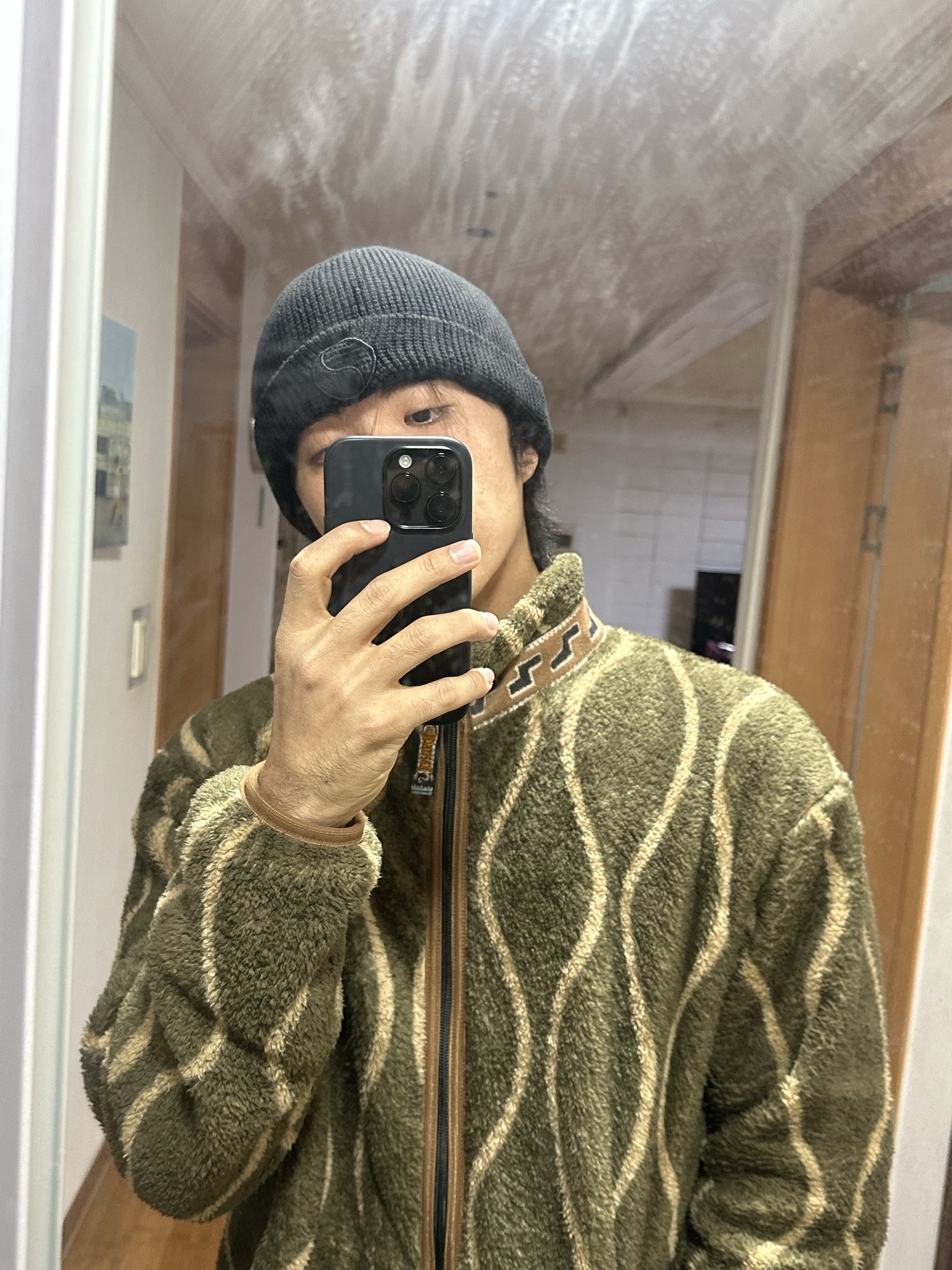 Kapital Drunken Striped Fleece Zip Blouson Khaki, Porter Freestyle Multi Coin Case Camel 착용 스타일 - 1