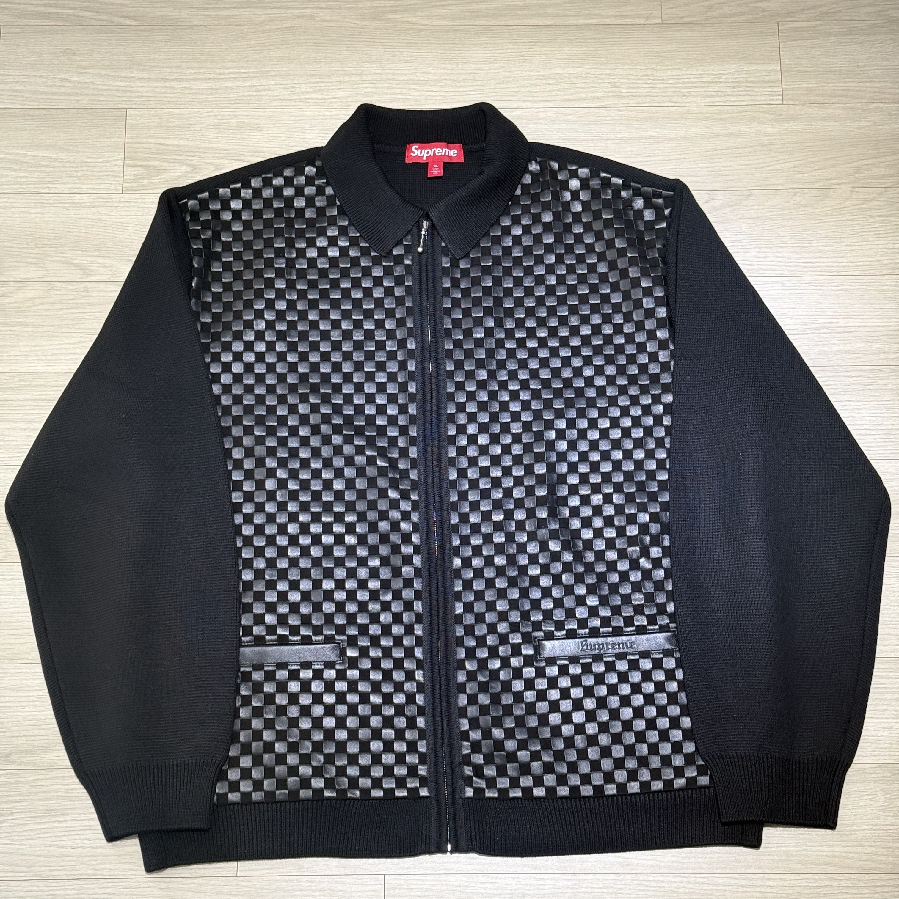 Supreme Woven Leather Zip Up Cardigan Black - 24FW, Supreme Woven Leather Varsity Jacket Black - 23FW 착용 스타일 - 1