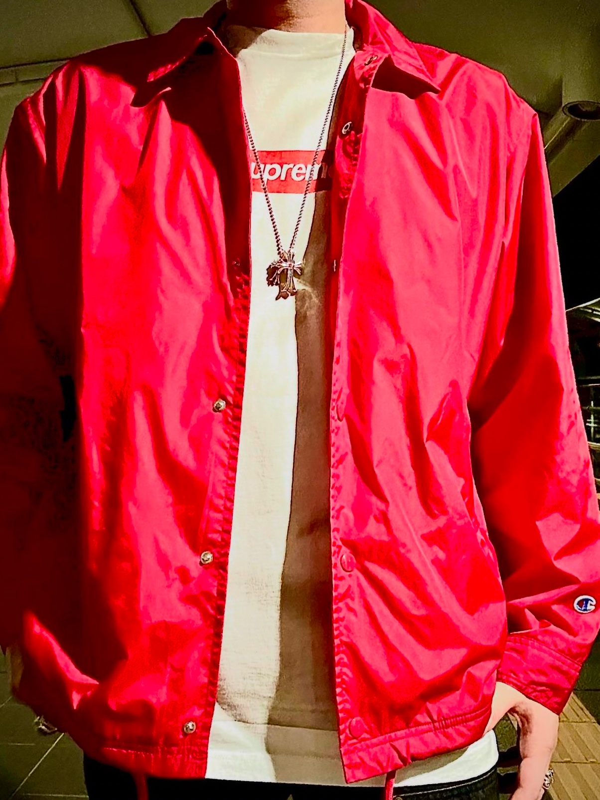 Supreme x Champion Coaches Jacket Red - 24SS 착용 스타일 - 1