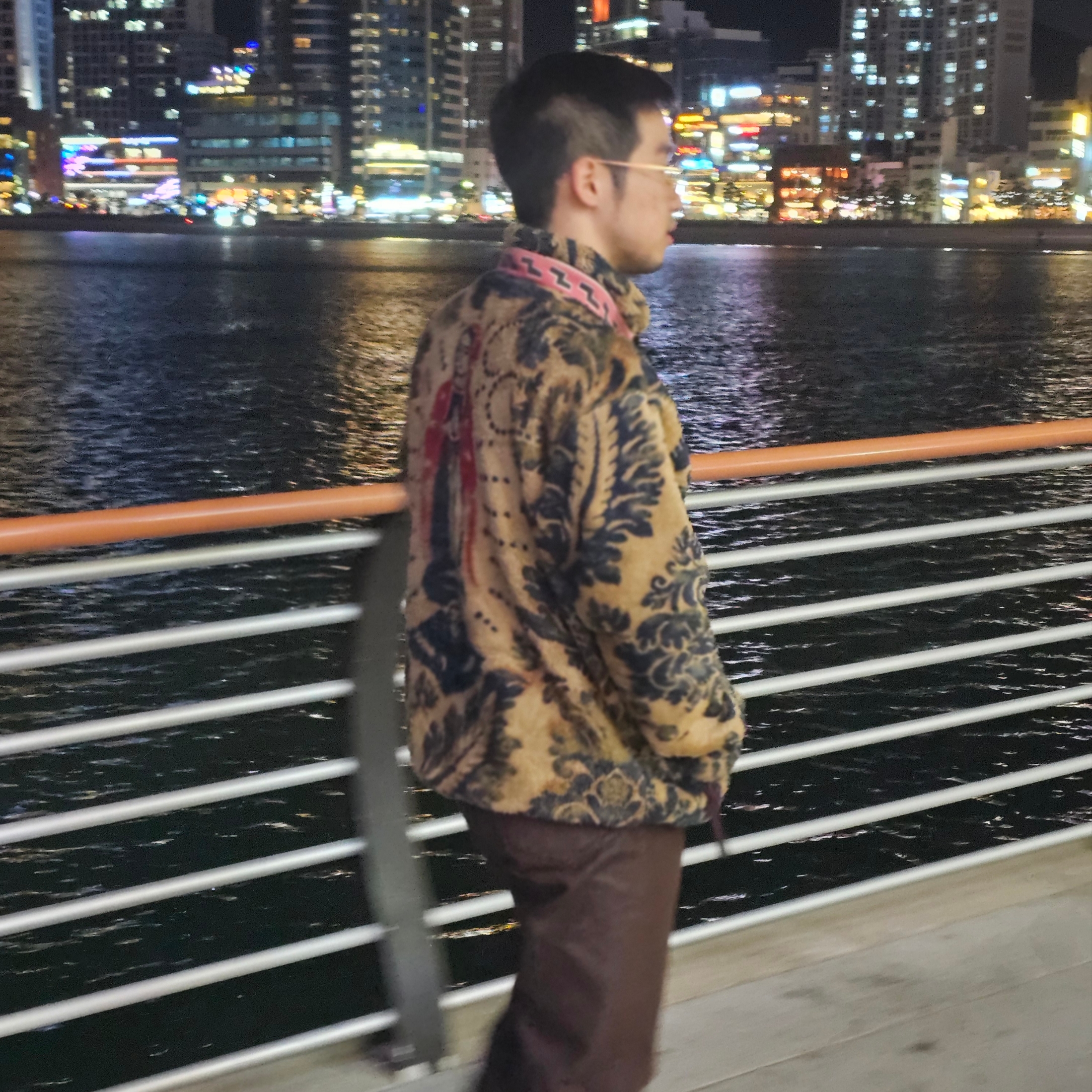 Kapital Damask Pattern Maria Fleece Zip Blouson Beige, Auralee Hard Twist Denim 5P Pants Brown - 21AW 착용 스타일