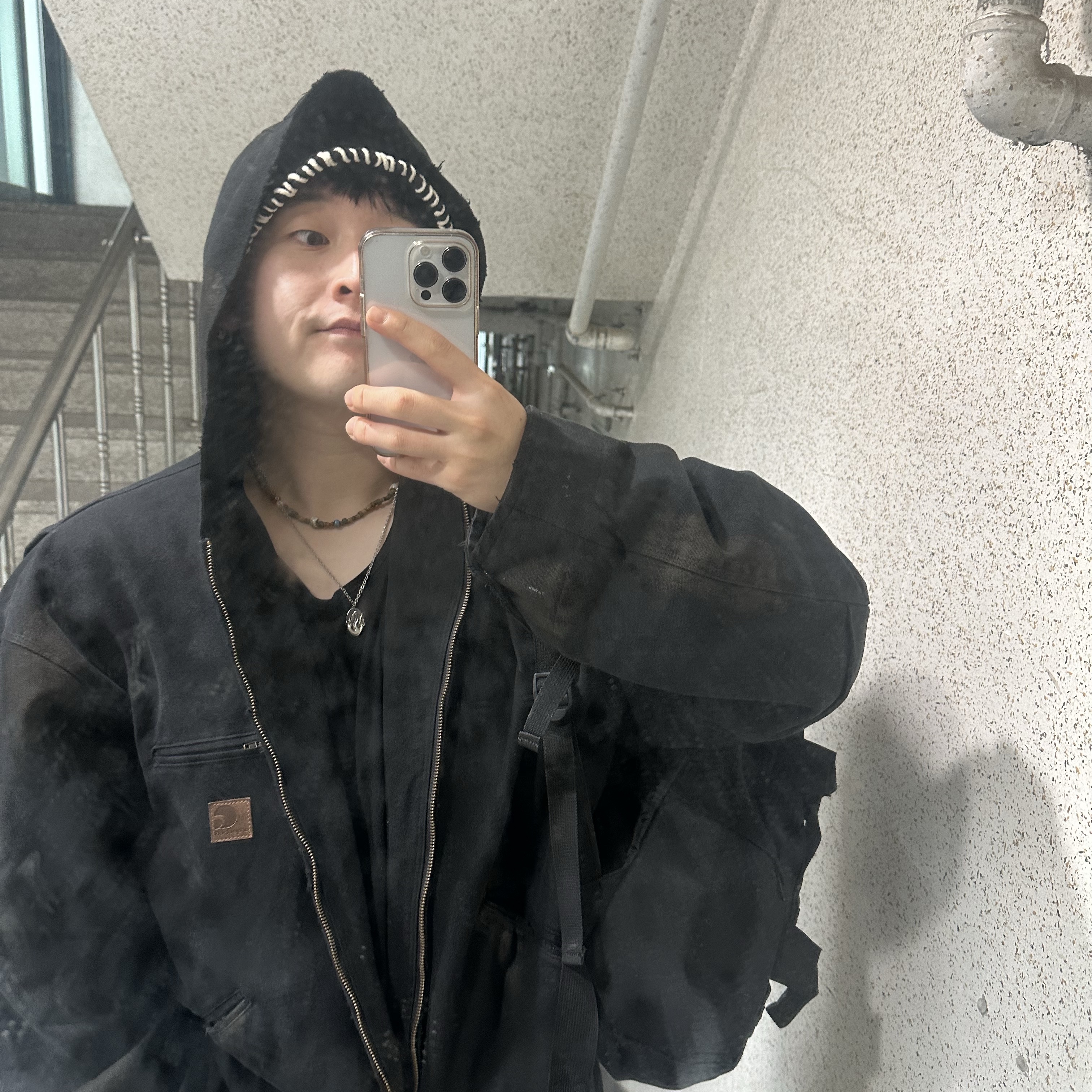 Project G/R Distressed Mud Work Jacket Black 착용 스타일