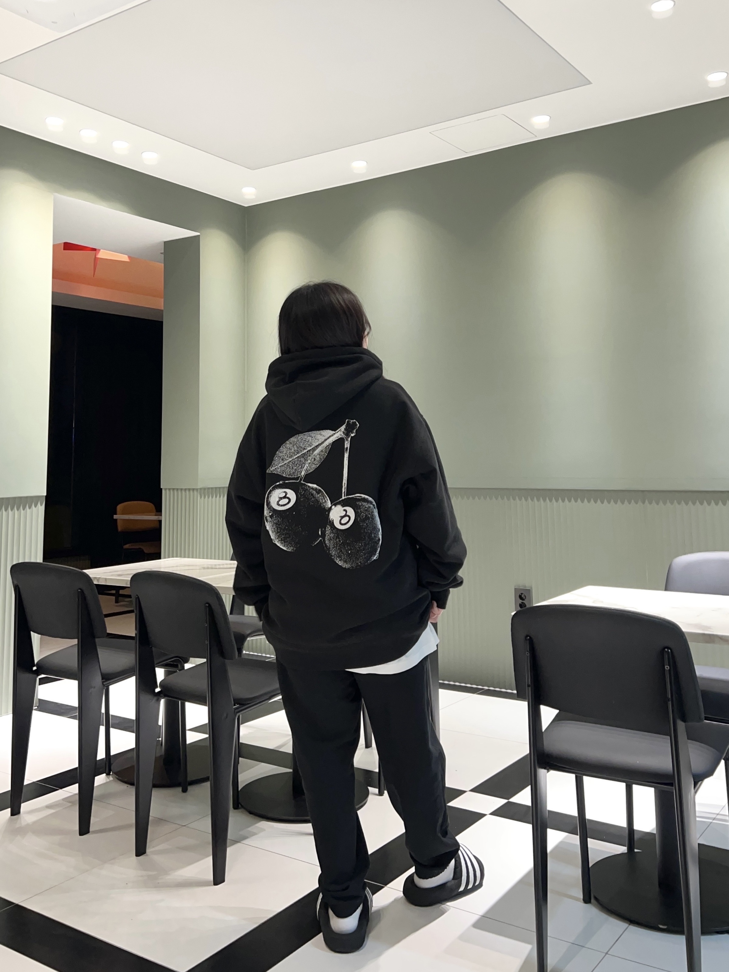 Stussy Cherries Hoodie Black, Nike NRG Solo Swoosh Fleece Pants Black White - Asia 착용 스타일 - 1