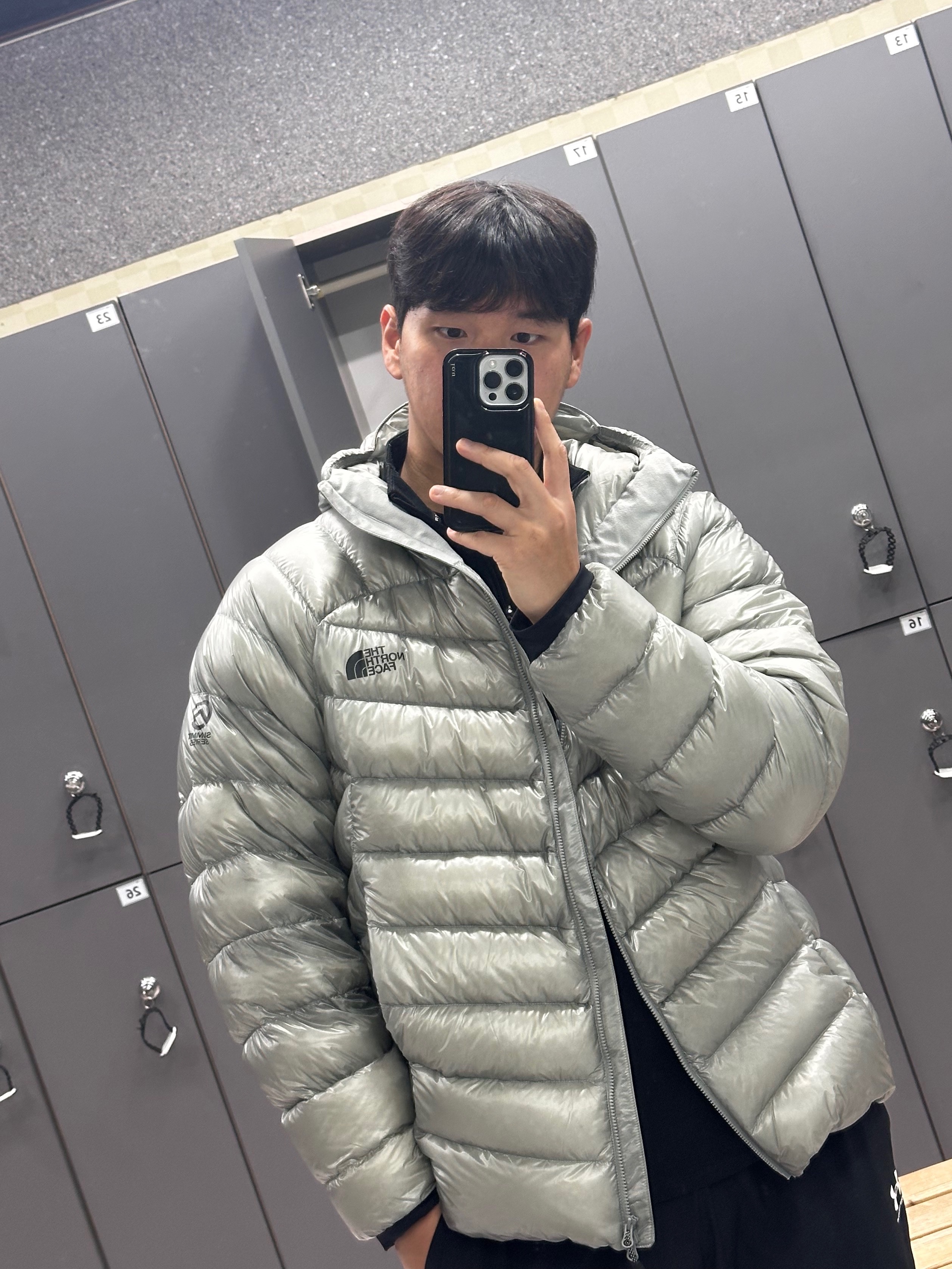The North Face Summit Mattehorn RDS Down Jacket Light Gray, Nike Dri-Fit Element Quarter Zip Running Top Black 착용 스타일