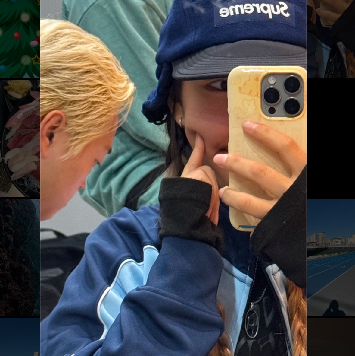 Supreme Polartec Earflap Camp Cap Navy - 24FW, Supreme x Jordan Tricot Track Jacket Light Blue - 24FW 착용 스타일