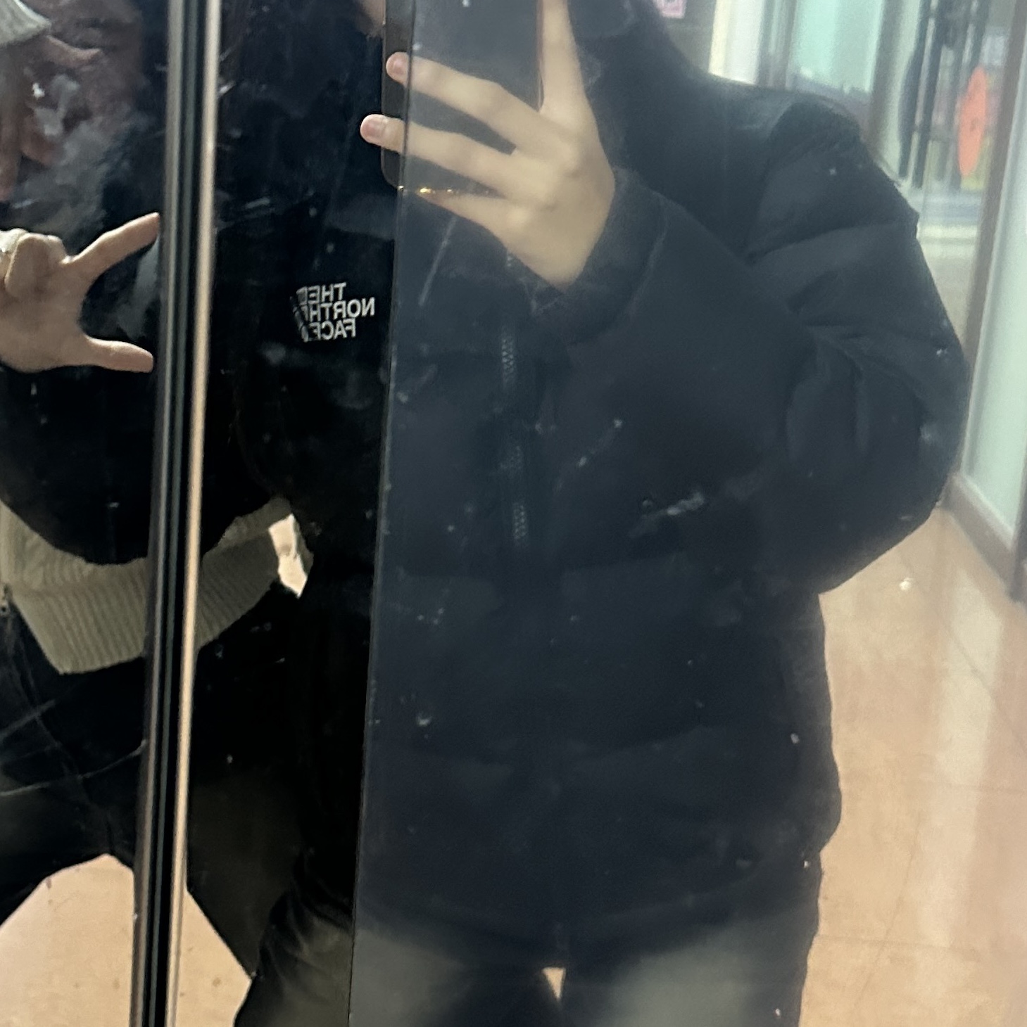 The North Face White Label Novelty Nuptse RDS Down Jacket Real Black 착용 스타일