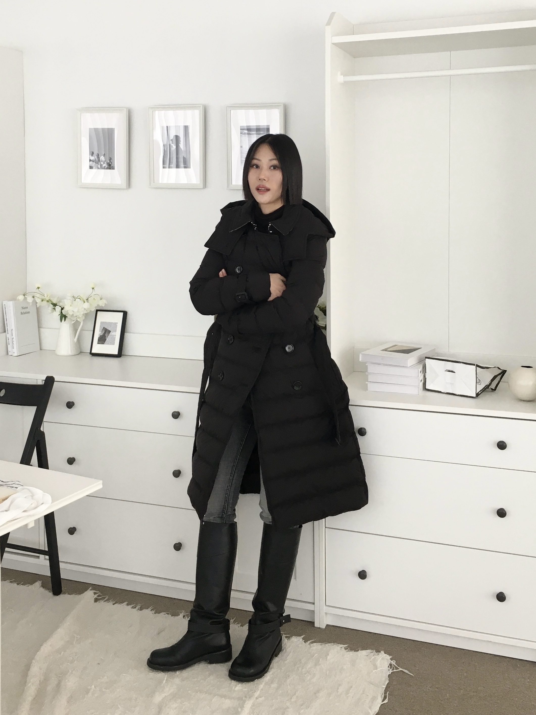 (W) Burberry Arniston Long Padded Jacket Black 착용 스타일