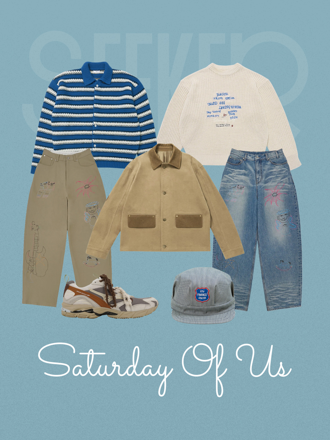 STU X HANK Stripe Hairy Knit Blue, STU X HANK Varsity Jacket Black 착용 스타일 - 9