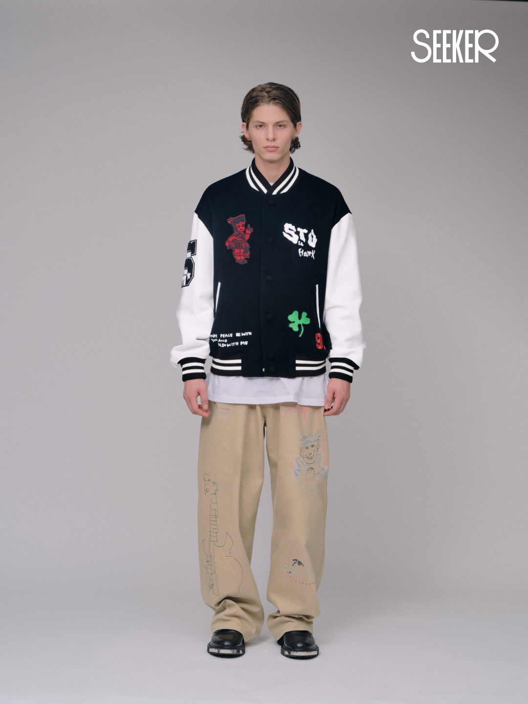 STU X HANK Stripe Hairy Knit Blue, STU X HANK Varsity Jacket Black 착용 스타일 - 8