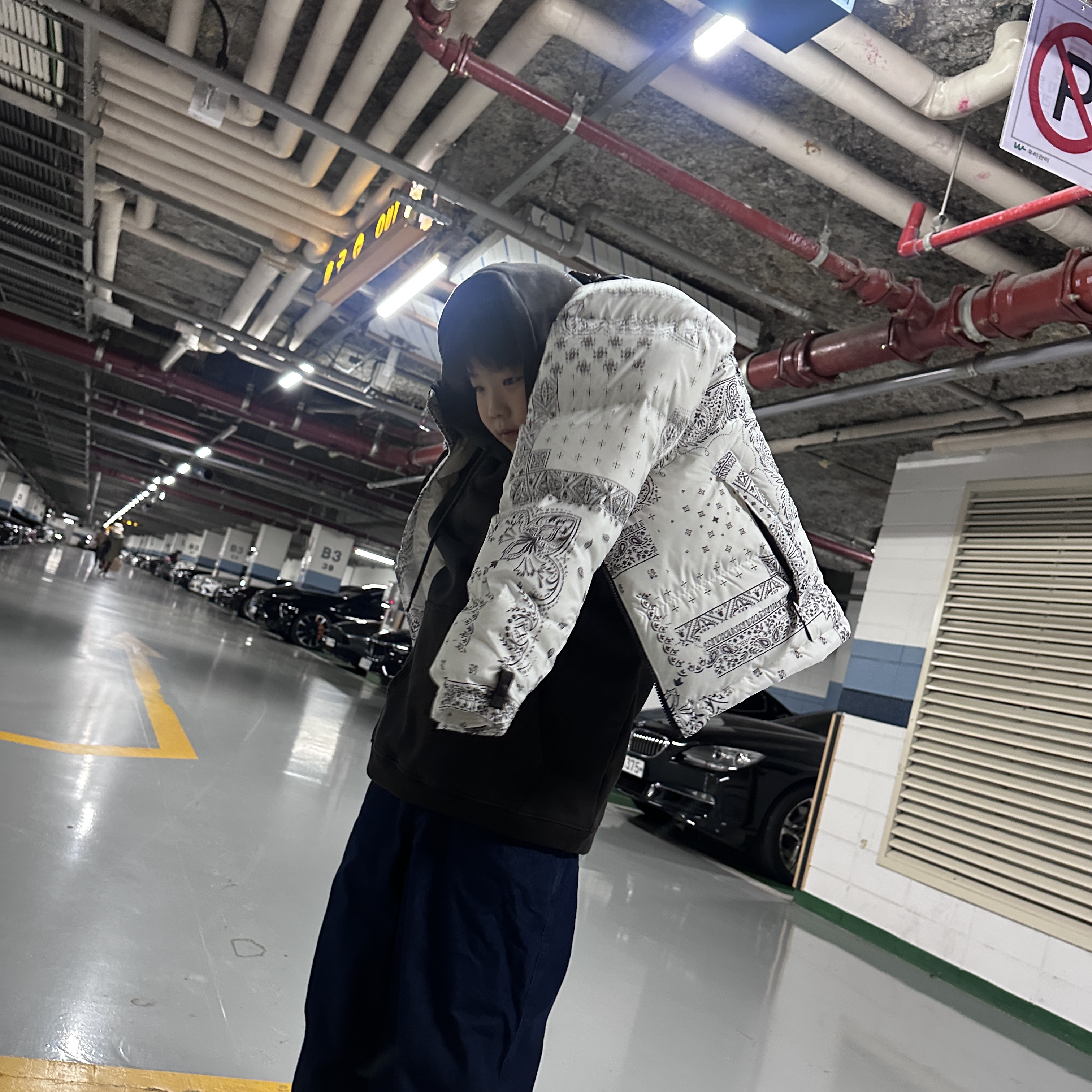 The North Face 1996 Novelty Nuptse Jacket Off White, Palace Korea Hoodie Black - 24SS 착용 스타일 - 1