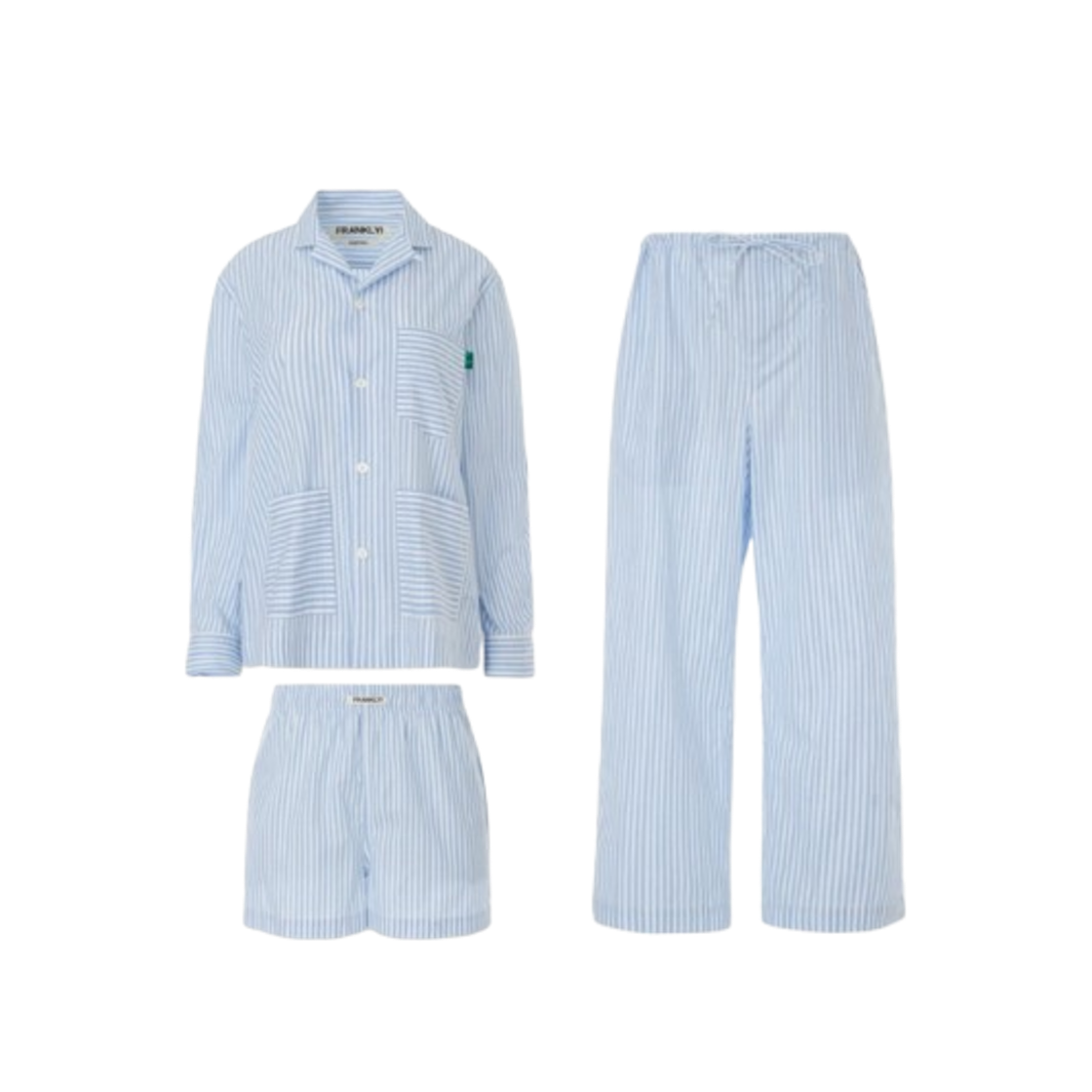 프랭클리 쓰리피스 스트라이프 파자마 셋업 블루(FRANKLY 3 Piece Stripe Pajama Set Up Blue)