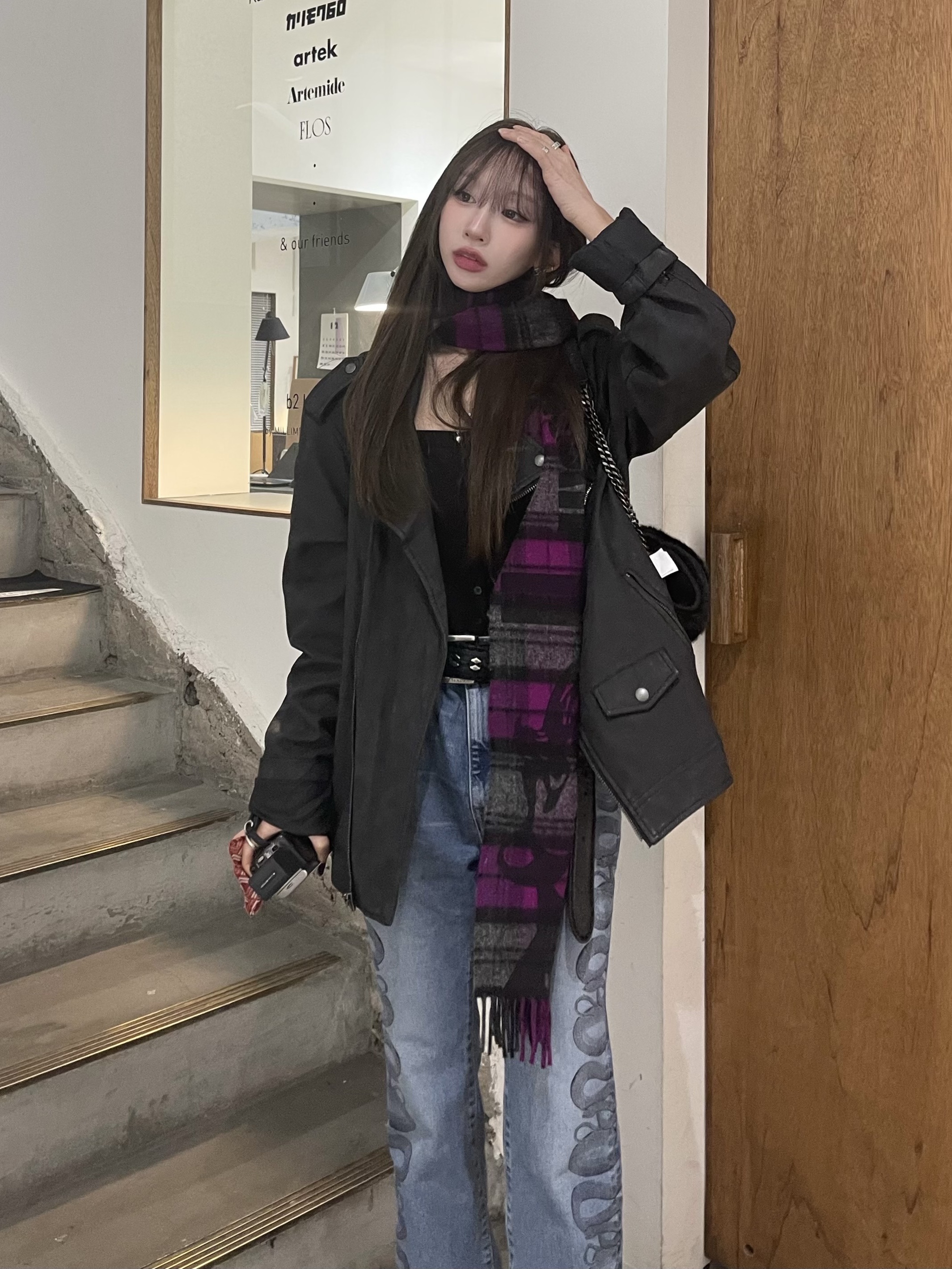 Supreme x Hysteric Glamour Snake Double Knee Denim Painter Pants Blue - 21SS, Hysteric Glamour MAC.N Guitar Girl Check Scarf Purple 착용 스타일 - 4