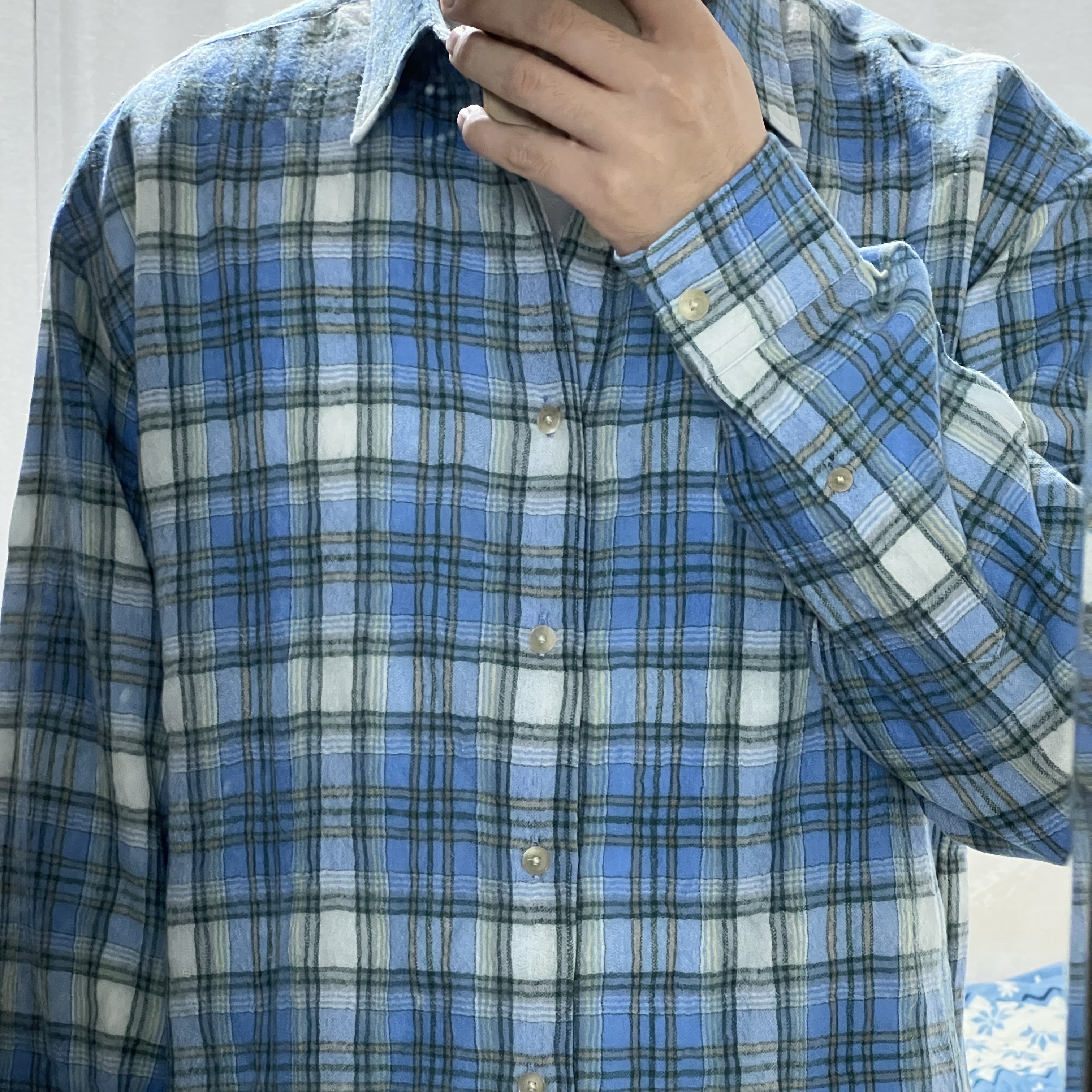 Auralee Airy Wool Check Shirt Blue Check 착용 스타일