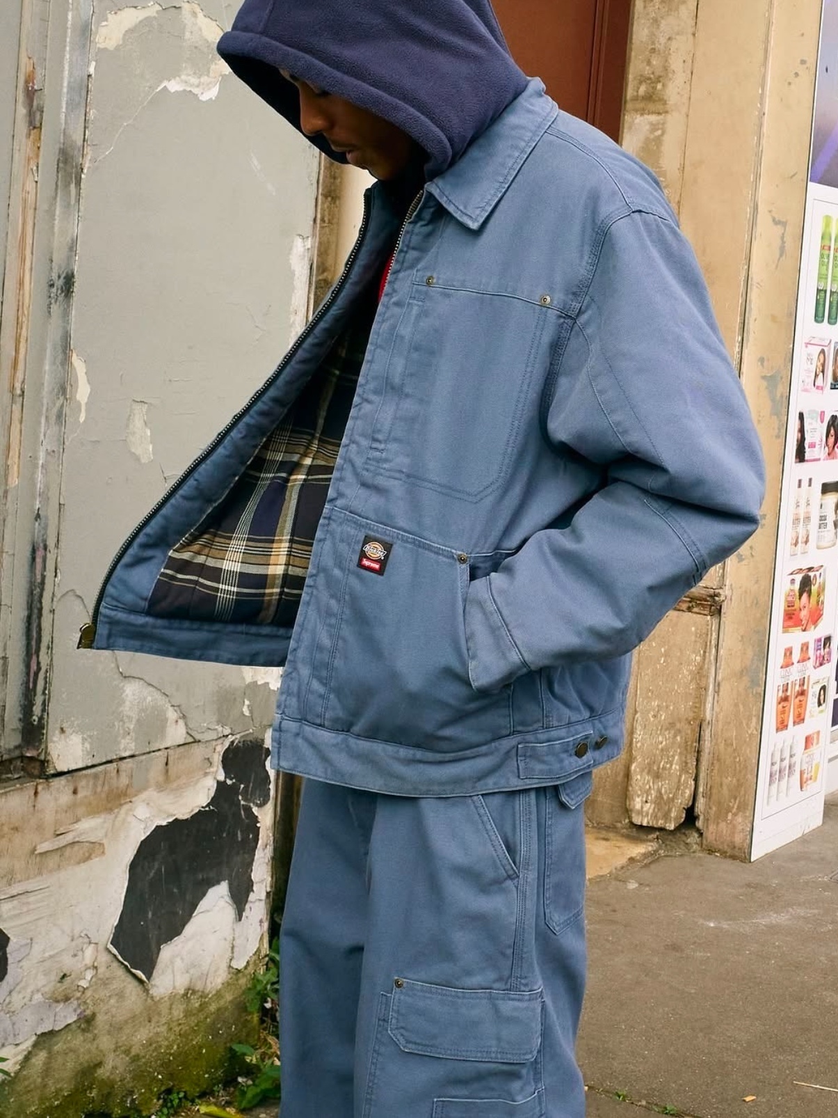Supreme x Dickies Hooded Work Jacket Light Blue - 24FW 착용 스타일 - 2