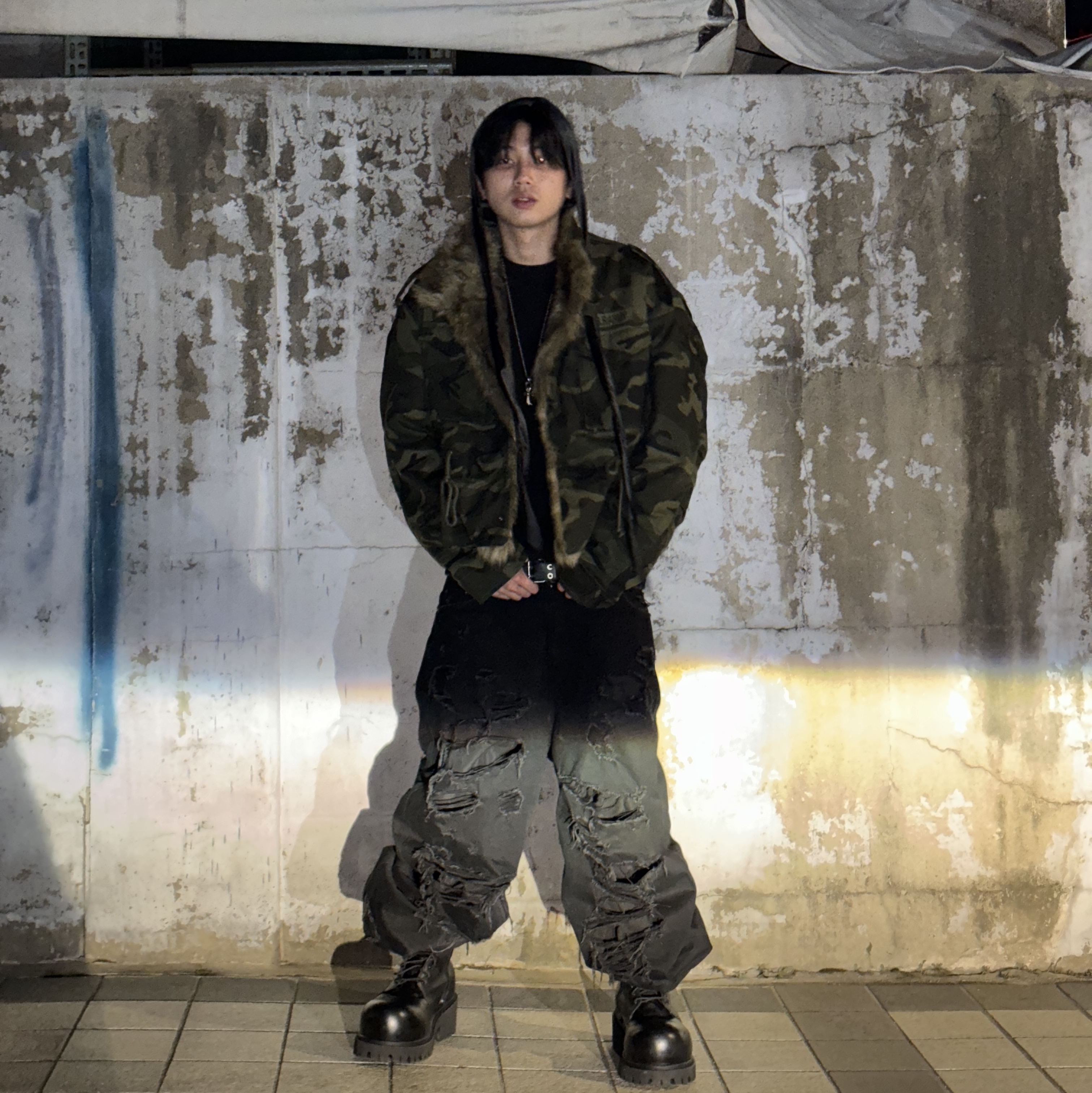 Balenciaga Stomper Bootie Black, Project G/R Fur Military Field Jacket Camo 착용 스타일 - 2