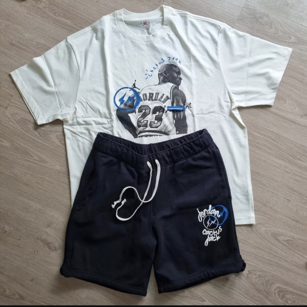 Jordan x Travis Scott x Fragment T-Shirt Sail (DJ0619-133), Jordan x Travis Scott x Fragment Shorts Black (DJ0617-010) 착용 스타일