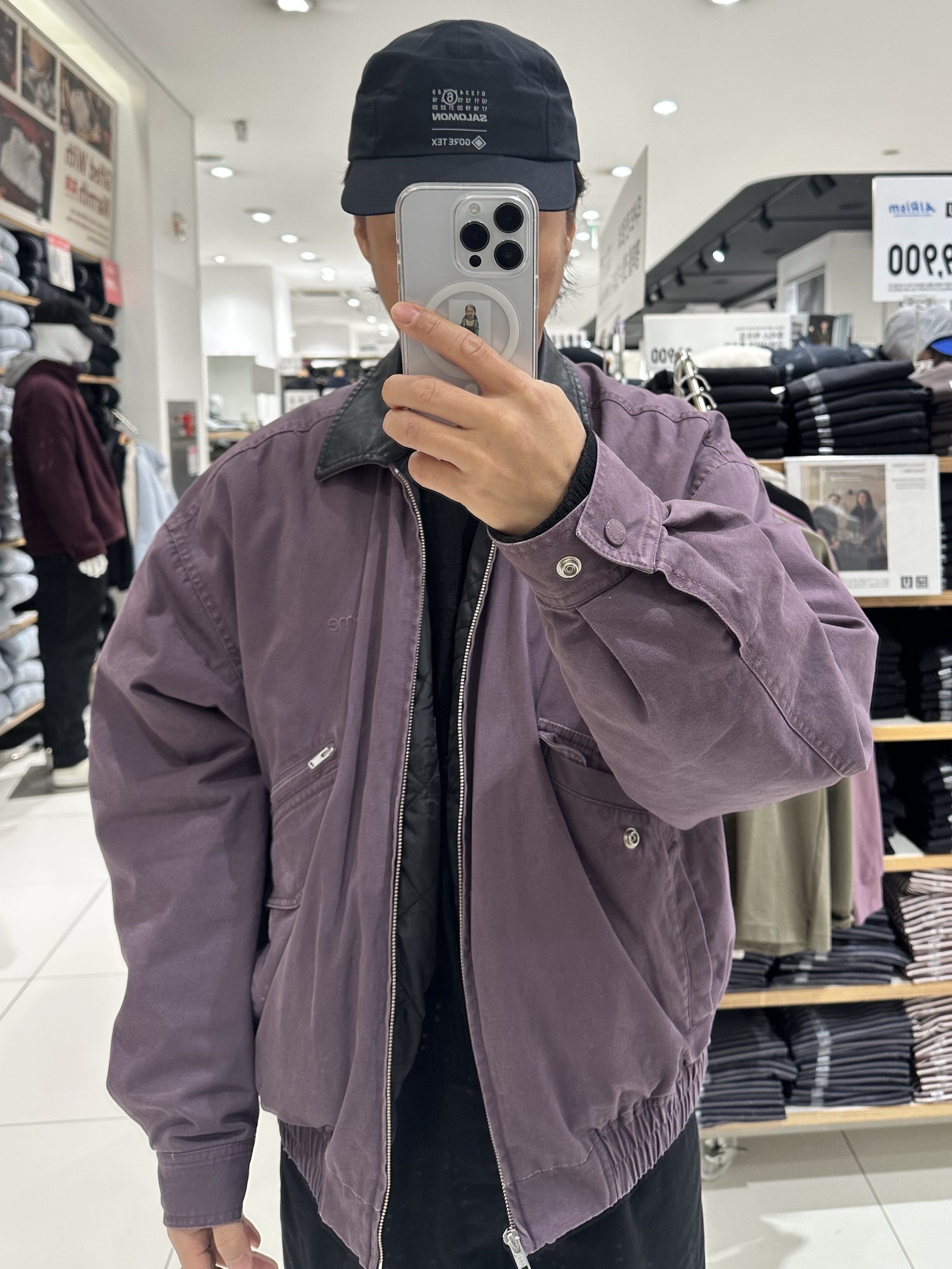 Salomon x MM6 Maison Margiela Cap Deep Black, Supreme Leather Collar Utility Jacket Dusty Purple - 24FW 착용 스타일