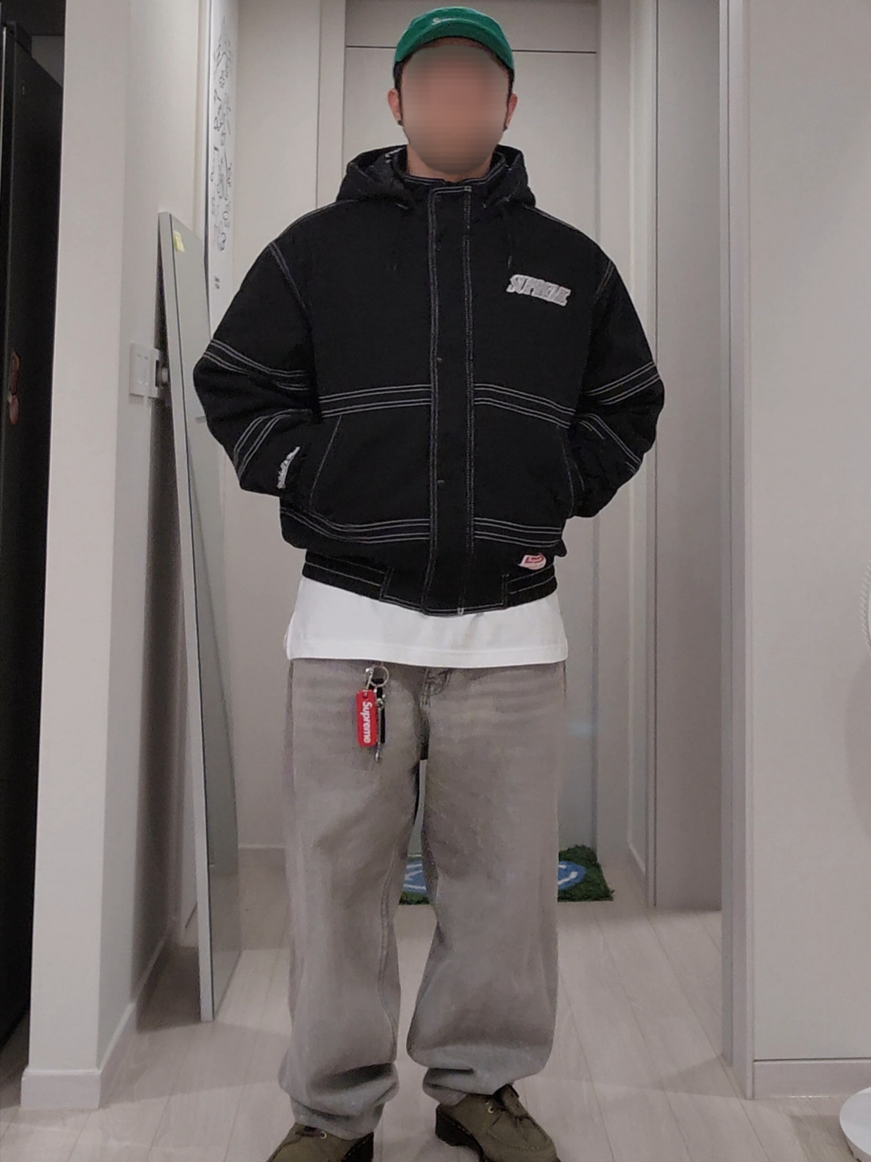Supreme Mitchell & Ness Twill Stadium Jacket Black - 24FW, Supreme Box Logo Hooded Sweatshirt Ash Grey - 23FW 착용 스타일 - 7