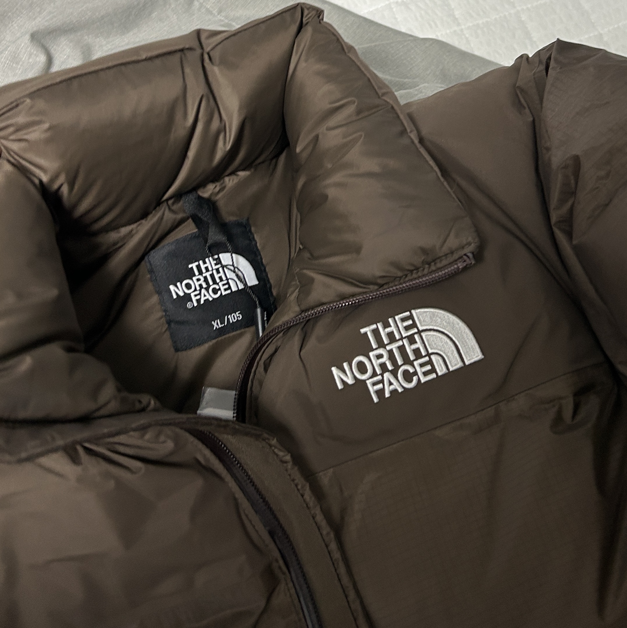 The North Face 1996 Water Shield Nuptse RDS Down Jacket Beige Brown 착용 스타일