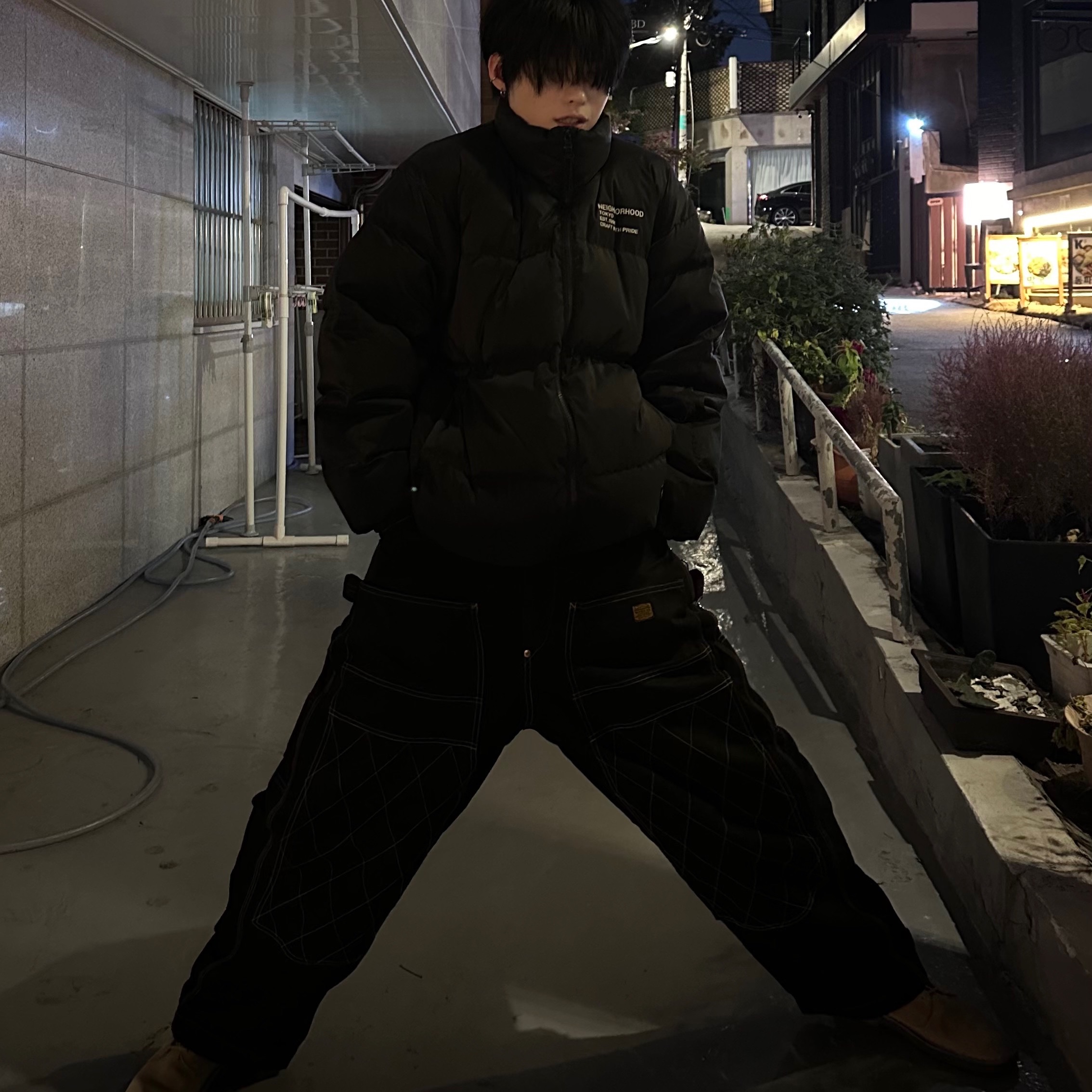 Kapital Thin Canvas Lumber Pants Black, Neighborhood x Schott Leather Hooded Down Jacket Navy 착용 스타일