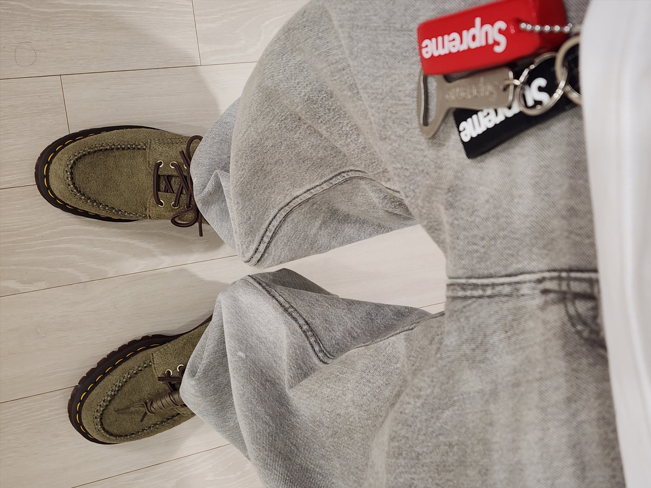 Dr. Martens Lowell Suede Moc Toe Shoes Olive Dark Brown, Supreme Ripstop Keychain Black - 24SS 착용 스타일 - 2