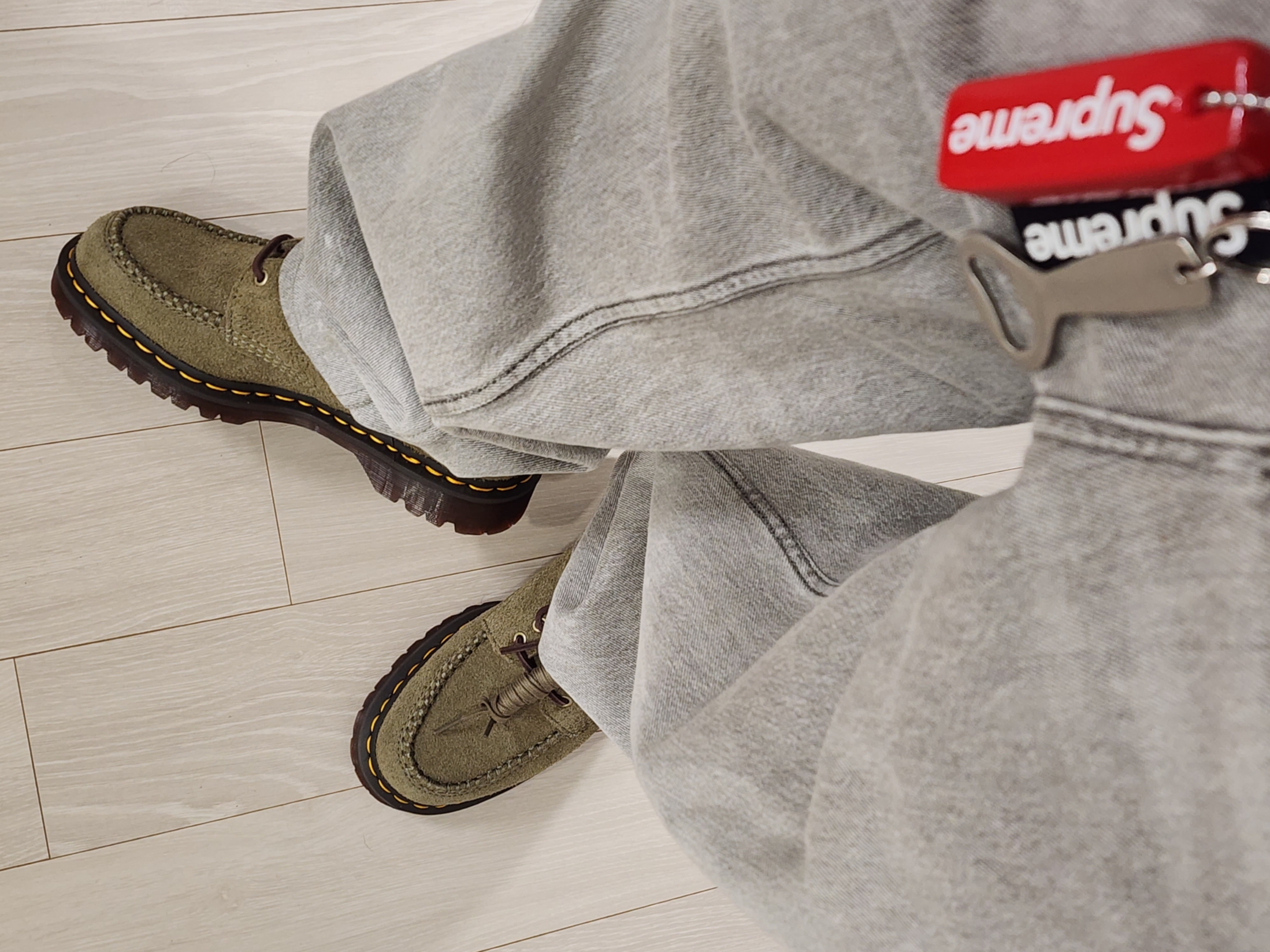 Dr. Martens Lowell Suede Moc Toe Shoes Olive Dark Brown, Supreme Ripstop Keychain Black - 24SS 착용 스타일 - 3