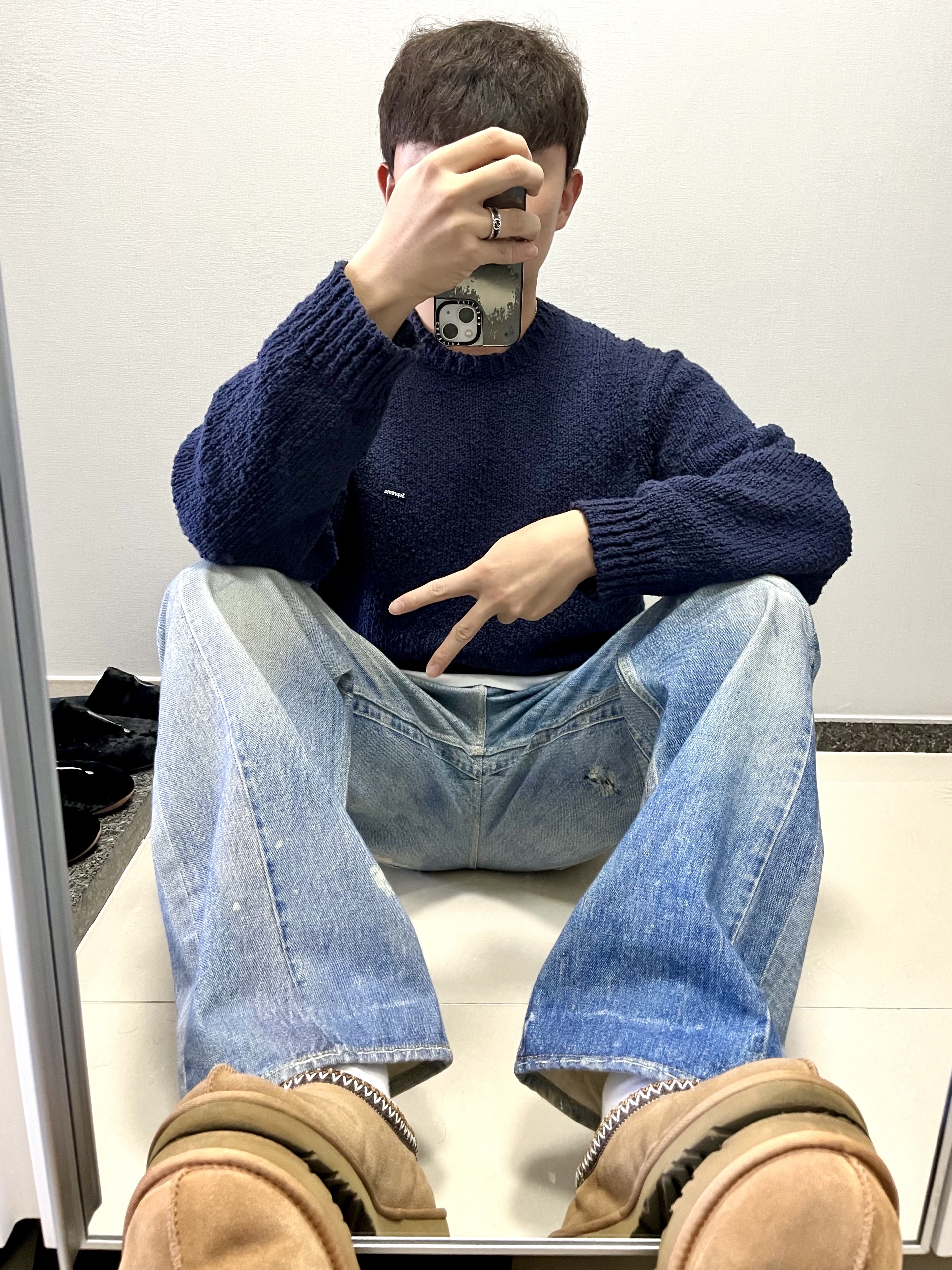 Supreme Boucle Small Box Sweater Navy - 24SS, Our Legacy Third Cut Digital Denim Print 착용 스타일