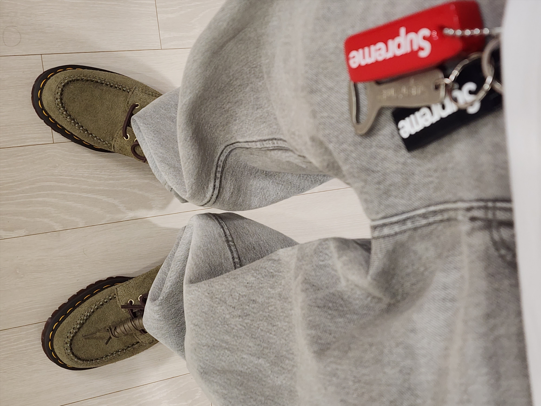 Dr. Martens Lowell Suede Moc Toe Shoes Olive Dark Brown, Supreme Ripstop Keychain Black - 24SS 착용 스타일 - 1