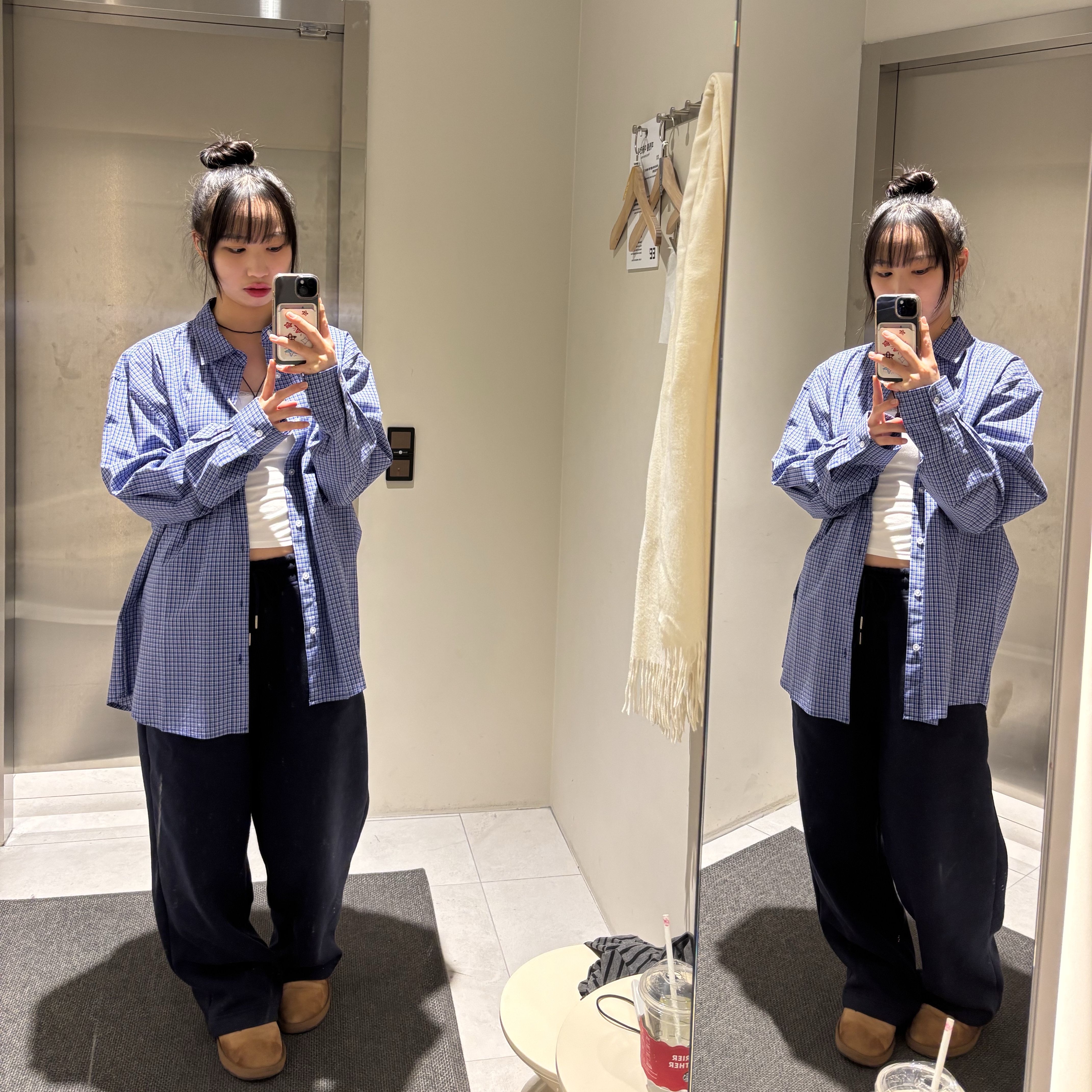 Millo Archive Combined Shirts Blue, (W) UGG Classic Ultra Mini Boots Chestnut 착용 스타일 - 2