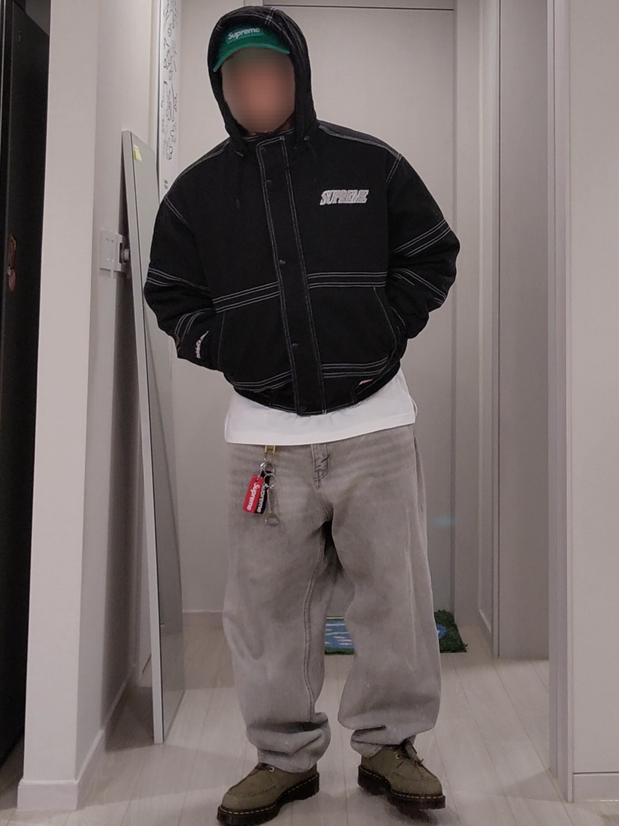 Supreme Mitchell & Ness Twill Stadium Jacket Black - 24FW, Supreme Box Logo Hooded Sweatshirt Ash Grey - 23FW 착용 스타일 - 6