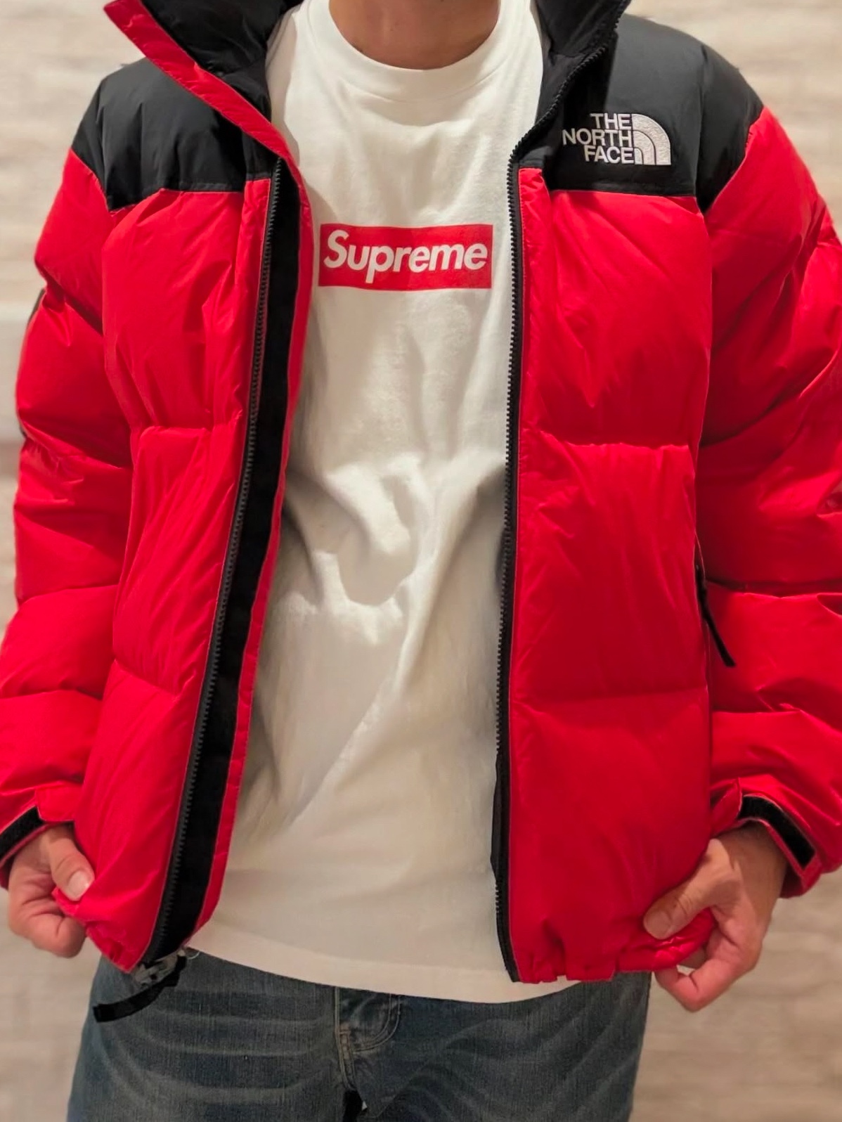Supreme x The North Face Nuptse Jacket Red - 24FW 착용 스타일 - 2
